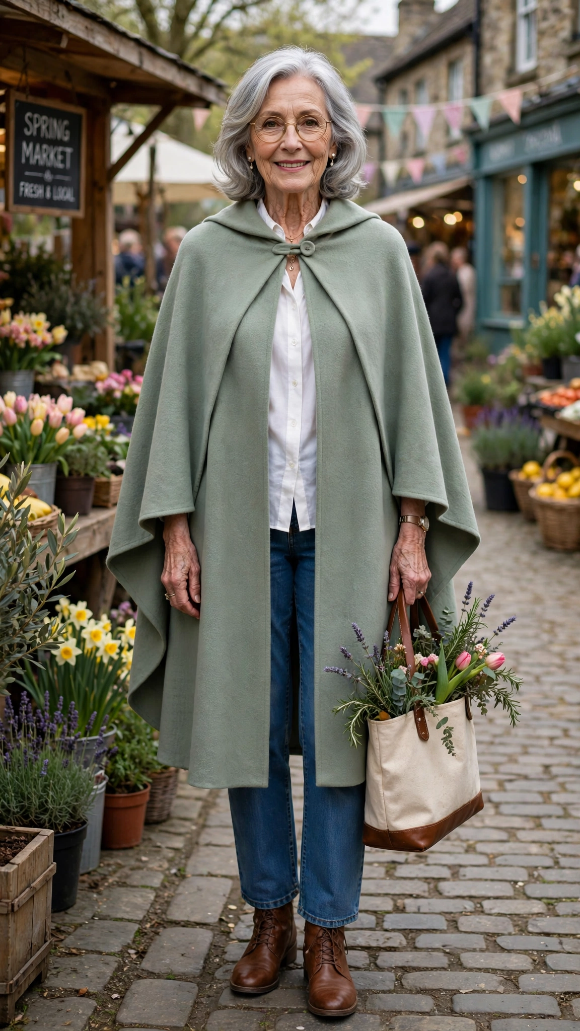 Sage cape coat with a white blouse and jeans