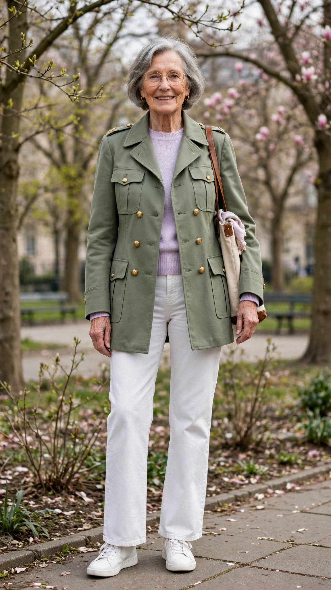 Sage military-style coat with a pastel sweater and white jeans