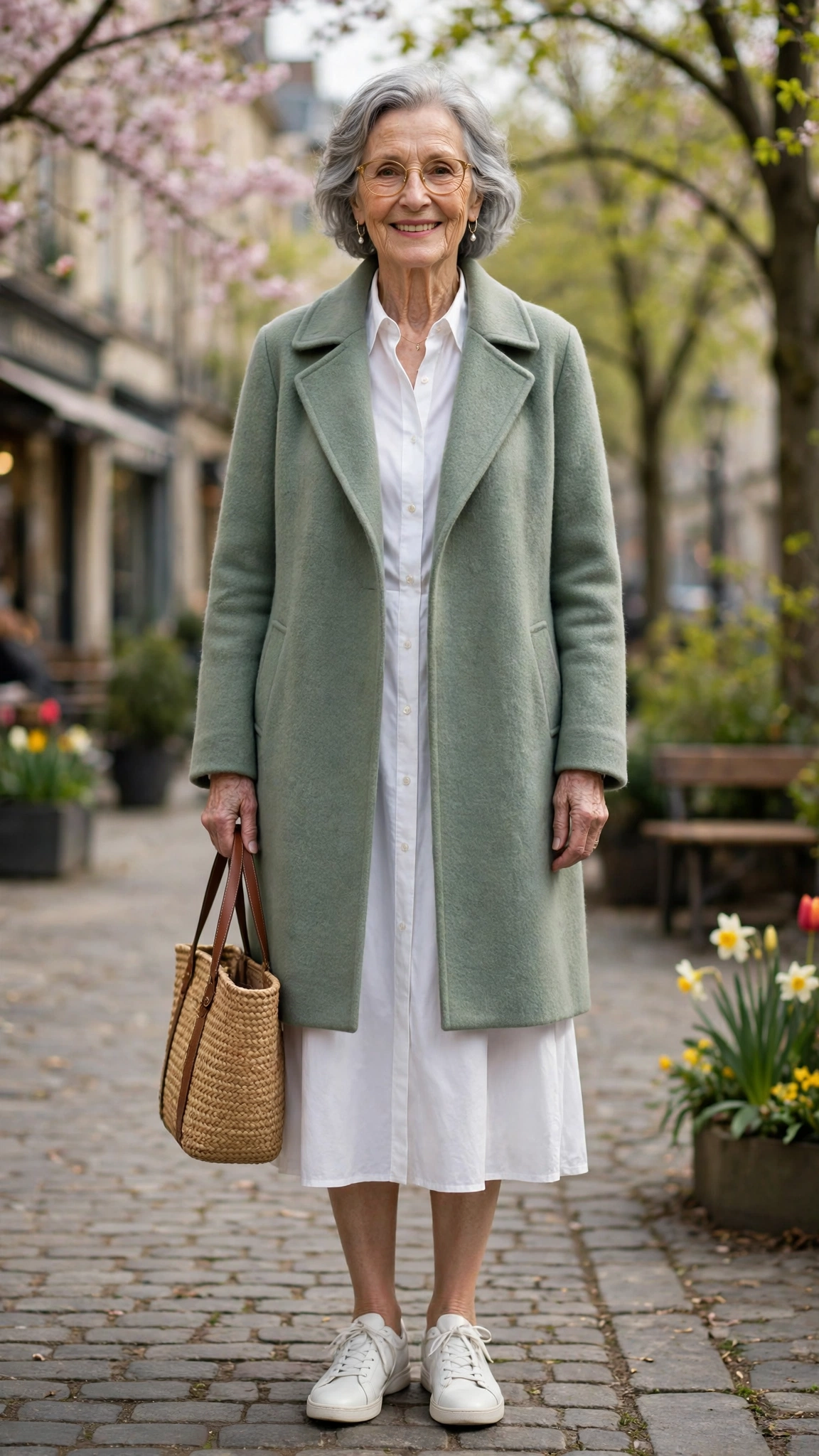 Sage soft wool coat with a white shirt dress