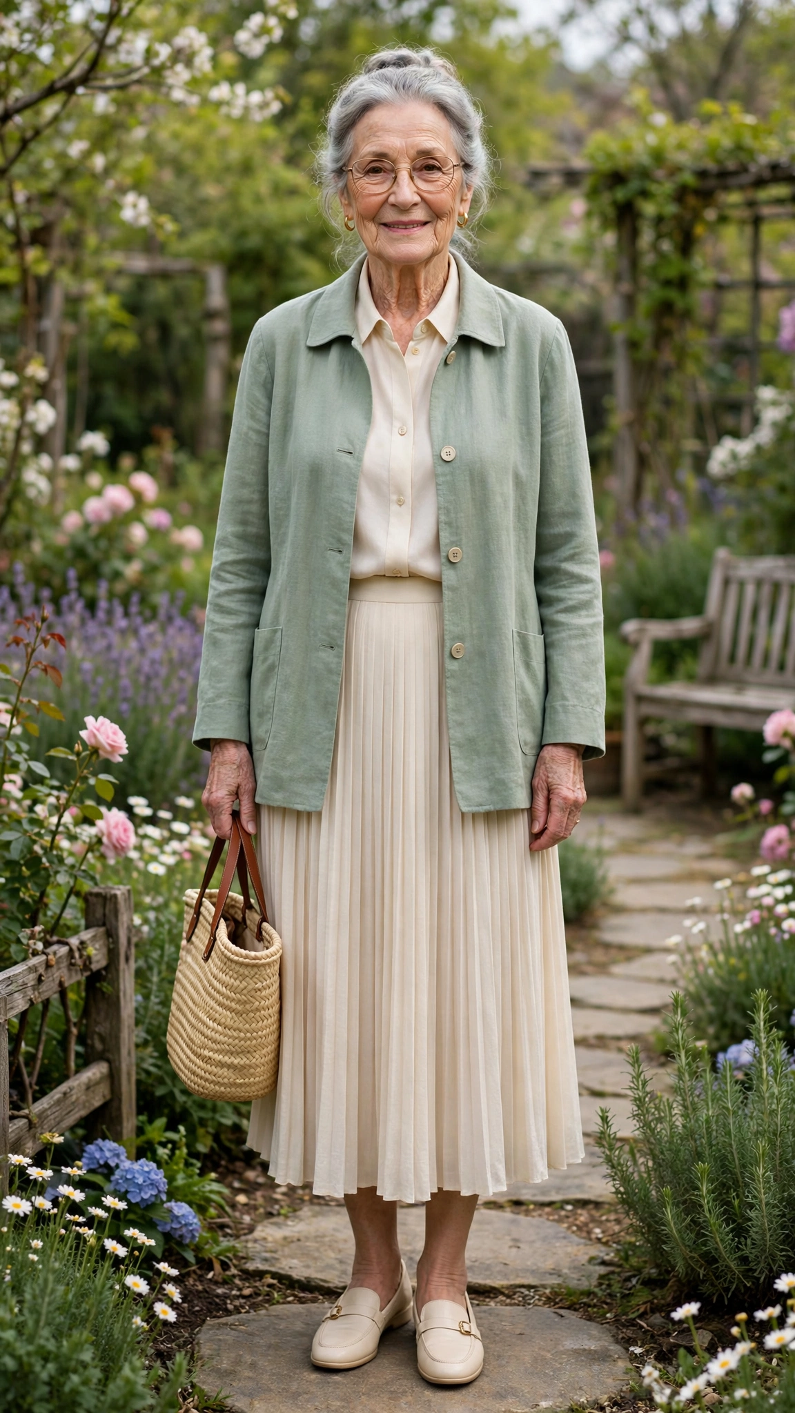 Sage lightweight spring coat with a cream pleated skirt