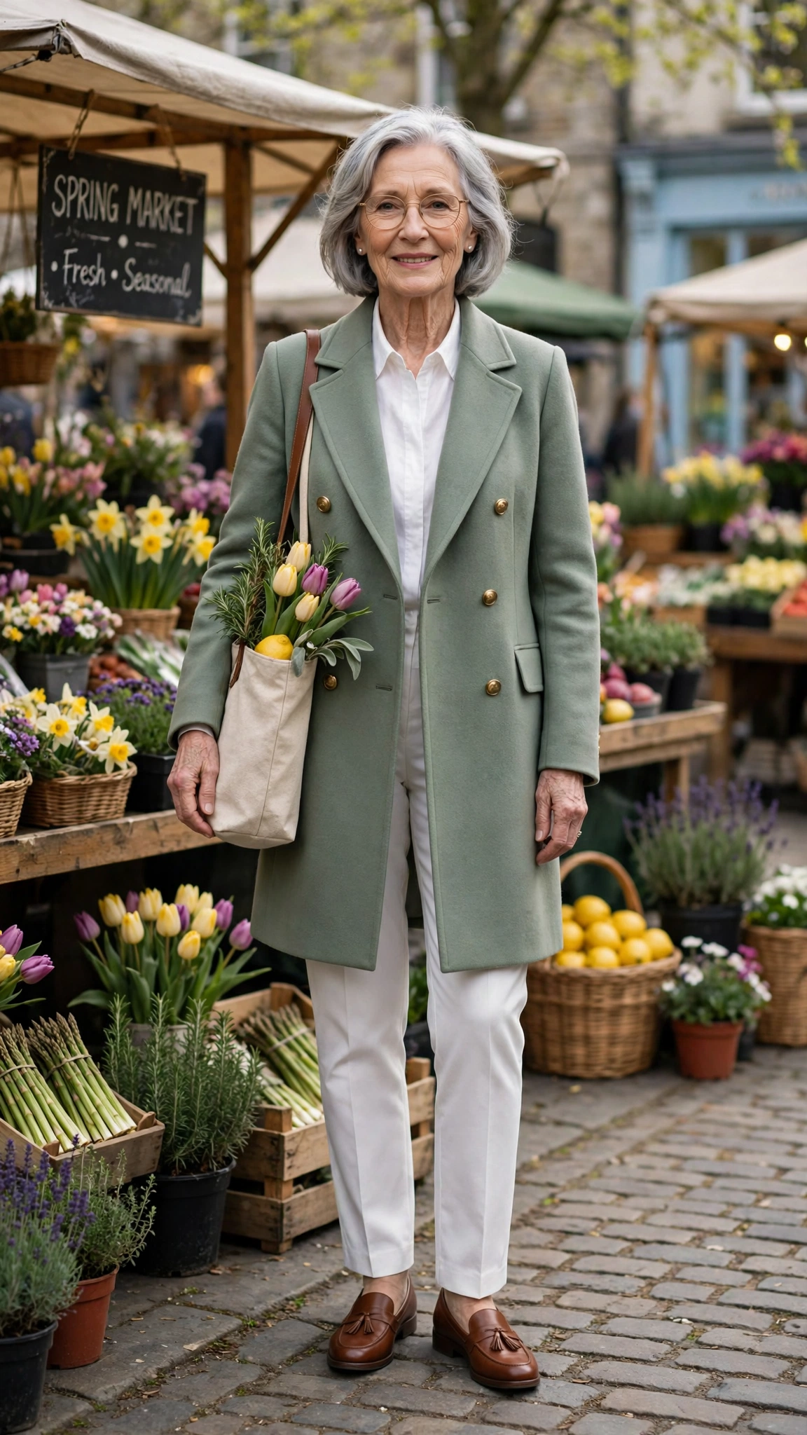 Sage classic tailored coat with white trousers