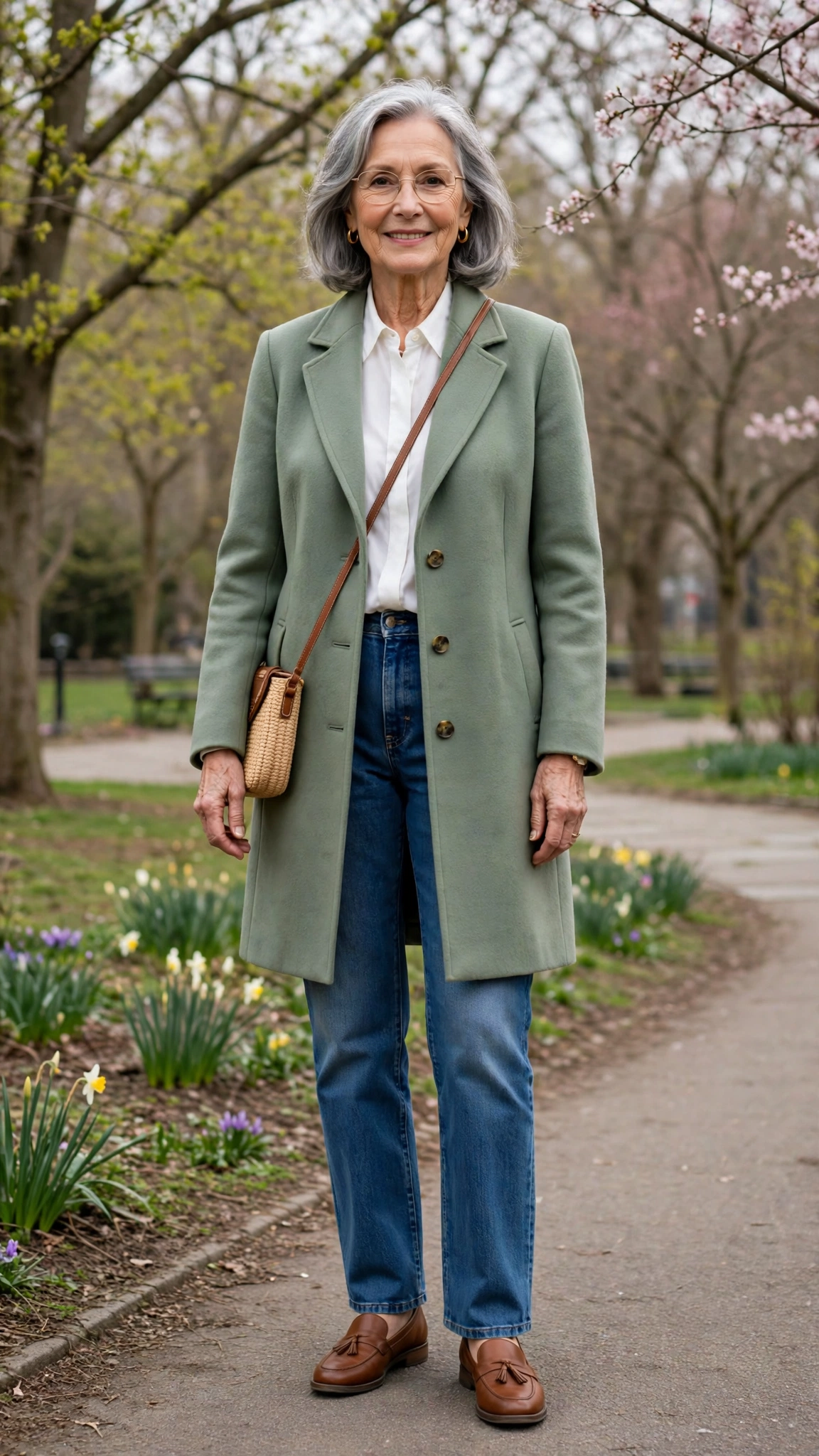 Sage single-breasted coat with a white blouse and jeans