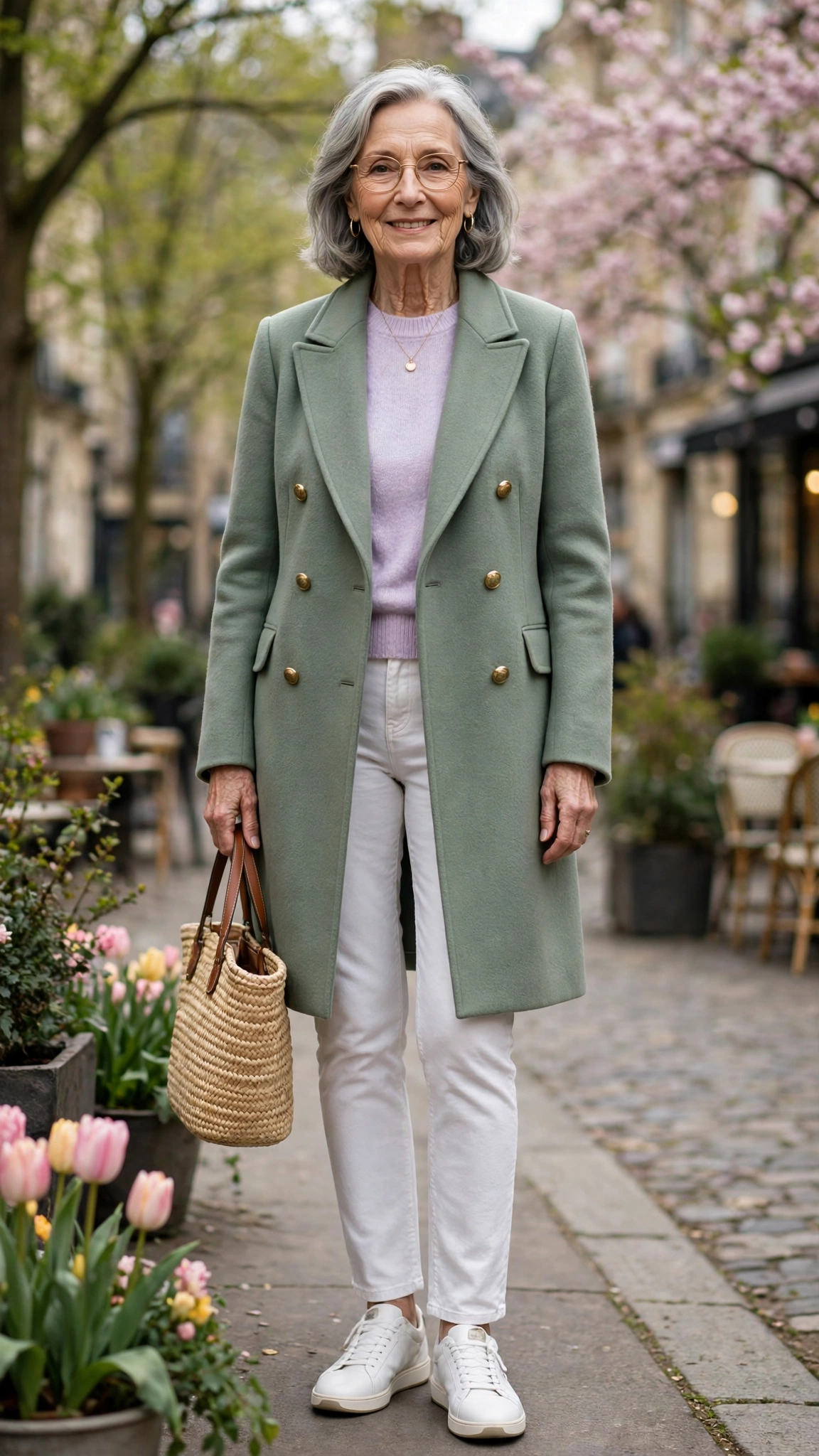 Sage double-breasted coat with a pastel sweater and white jeans