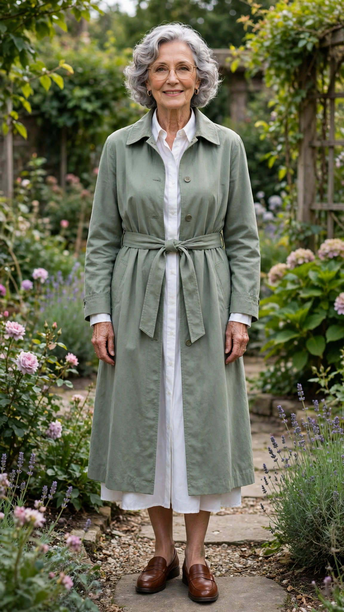 Sage belted coat with a white shirt dress