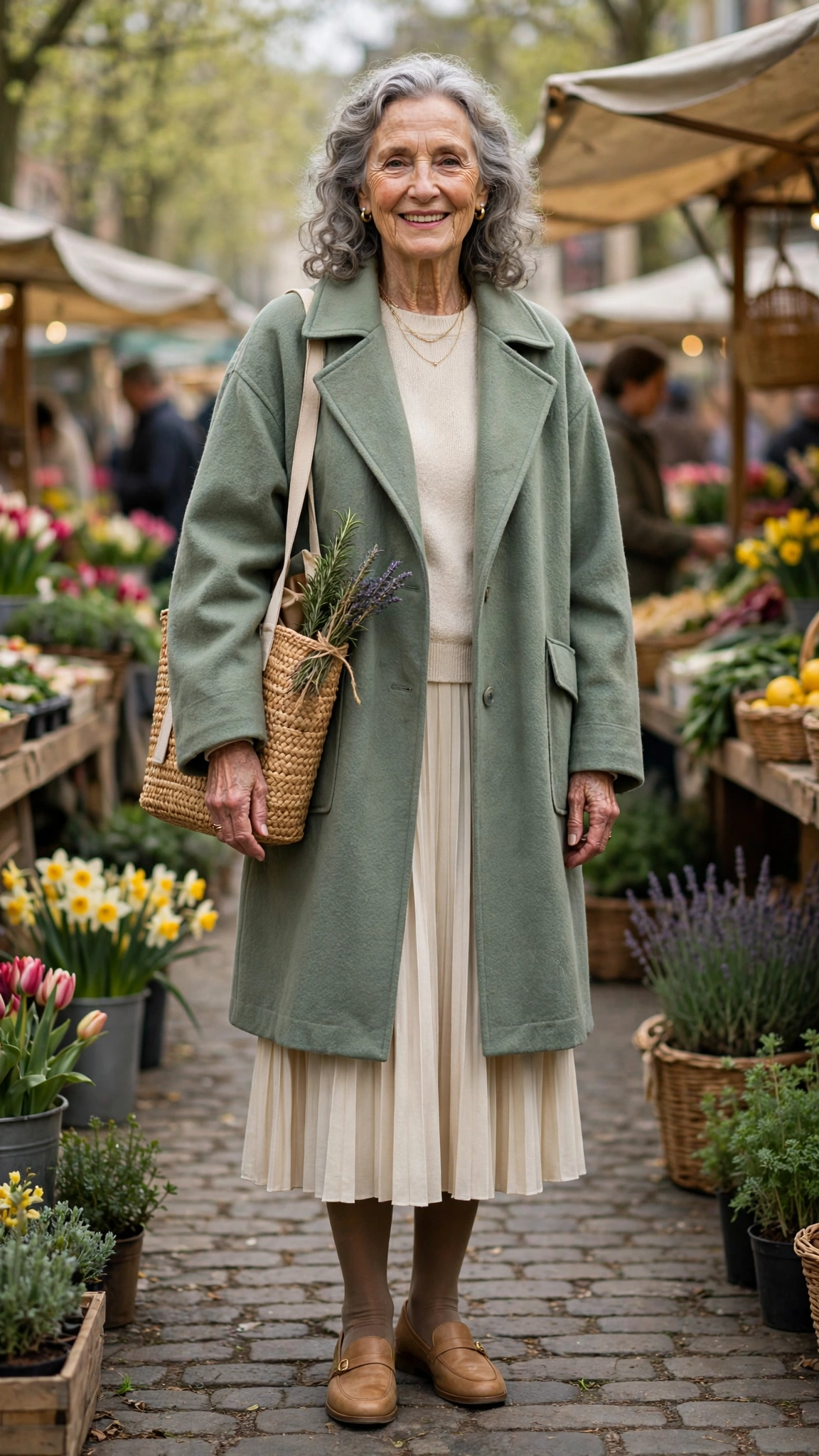 Sage oversized coat with a cream pleated skirt