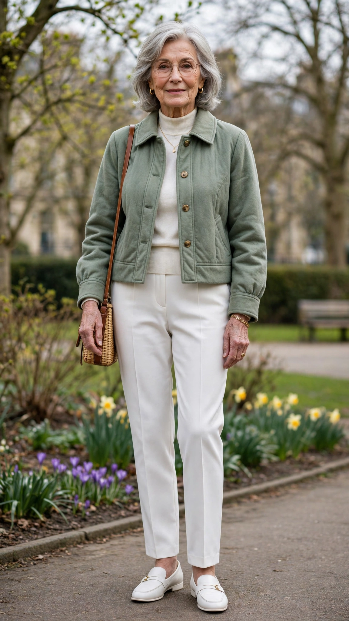 Sage cropped coat with white trousers