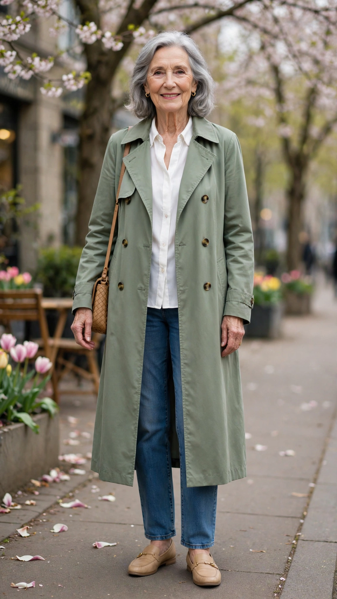 Sage longline coat with a white blouse and jeans