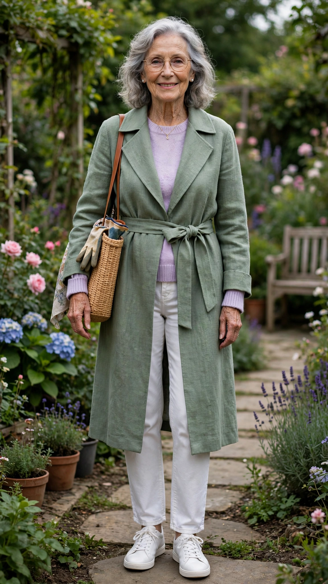 Sage wrap coat with a pastel sweater and white jeans