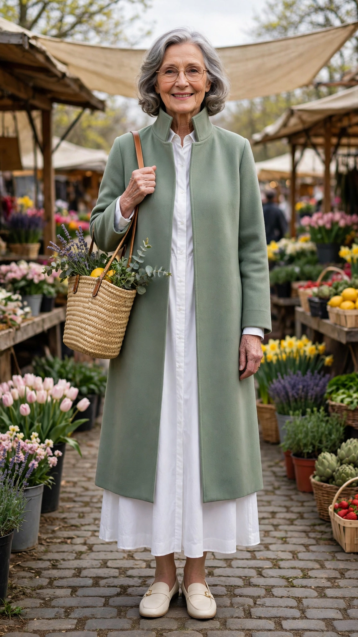 Sage funnel-neck coat with a white shirt dress