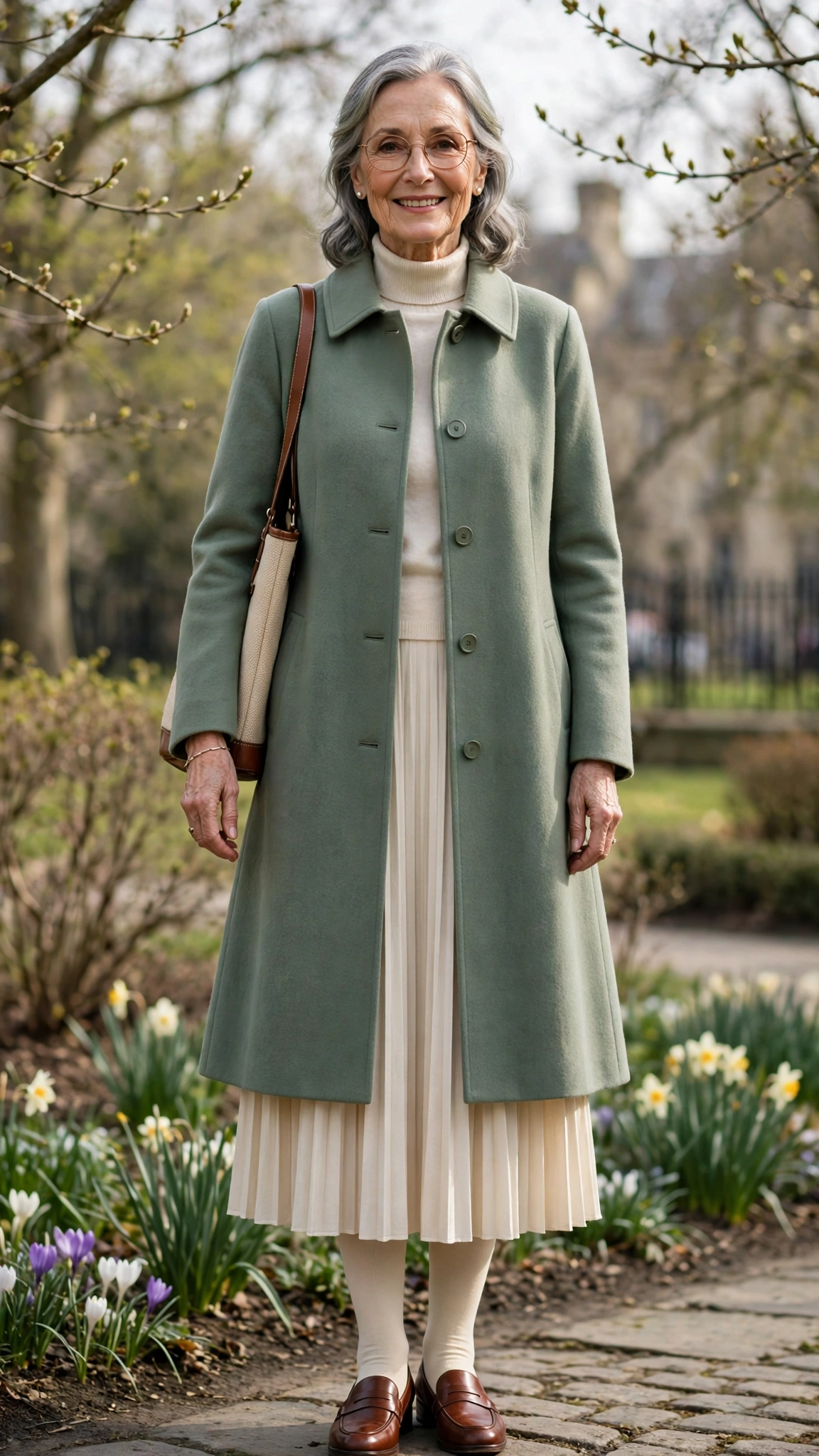 Sage A-line coat with a cream pleated skirt