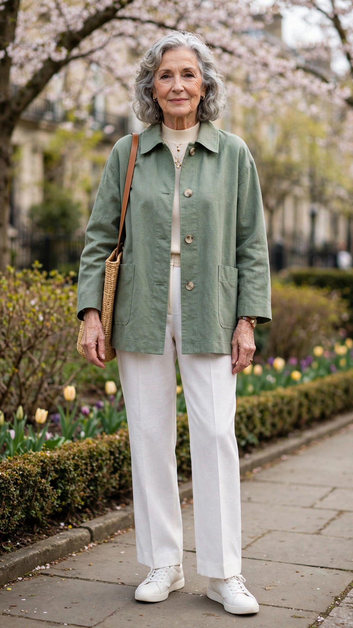 Sage boxy coat with white trousers