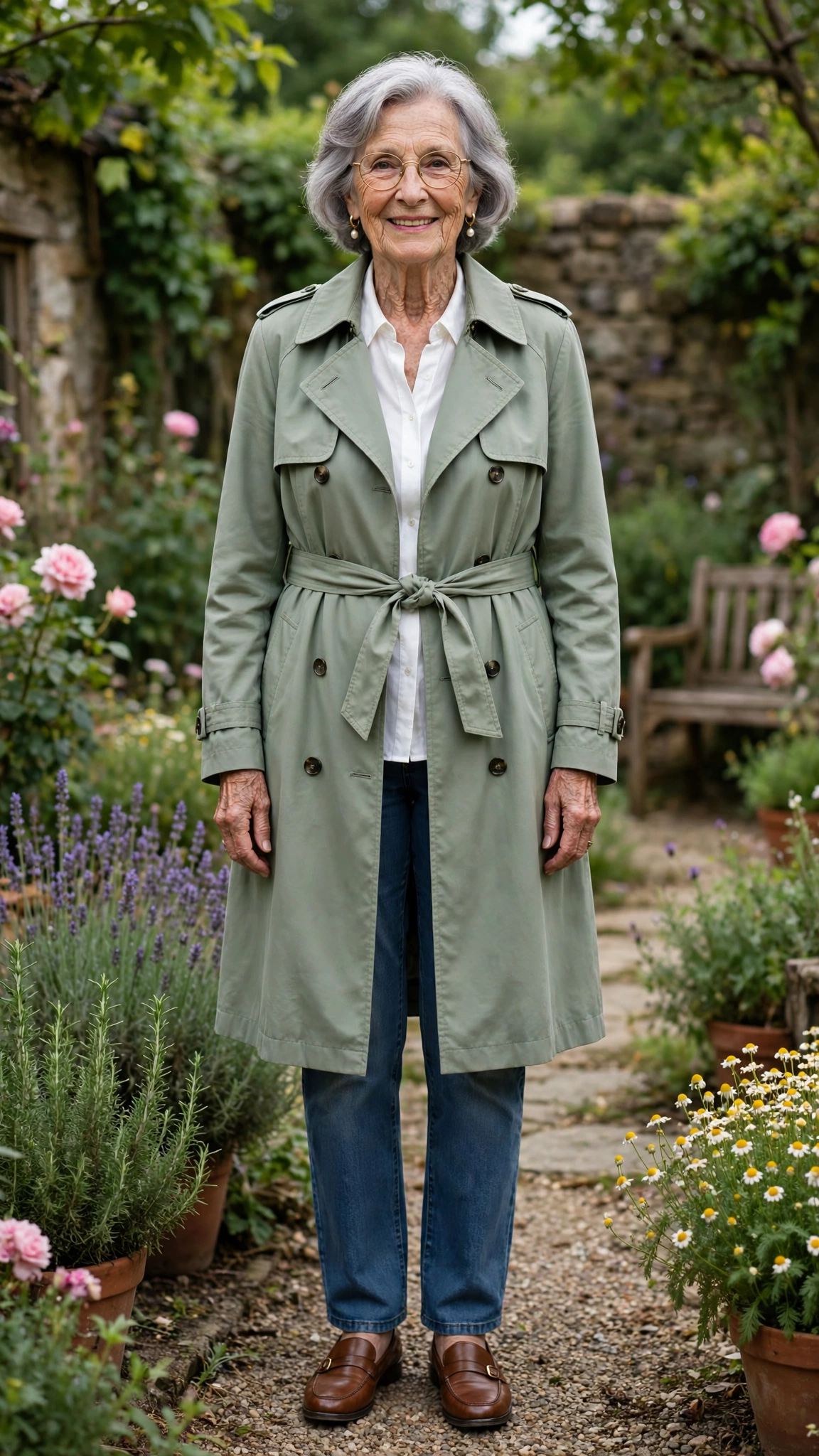 Sage trench-style coat with a white blouse and jeans