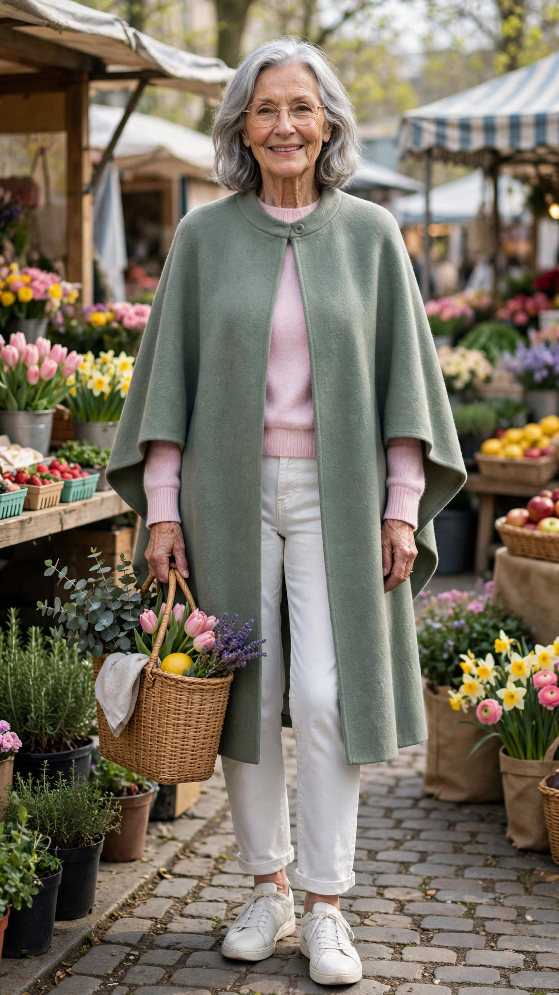 Sage cape coat with a pastel sweater and white jeans