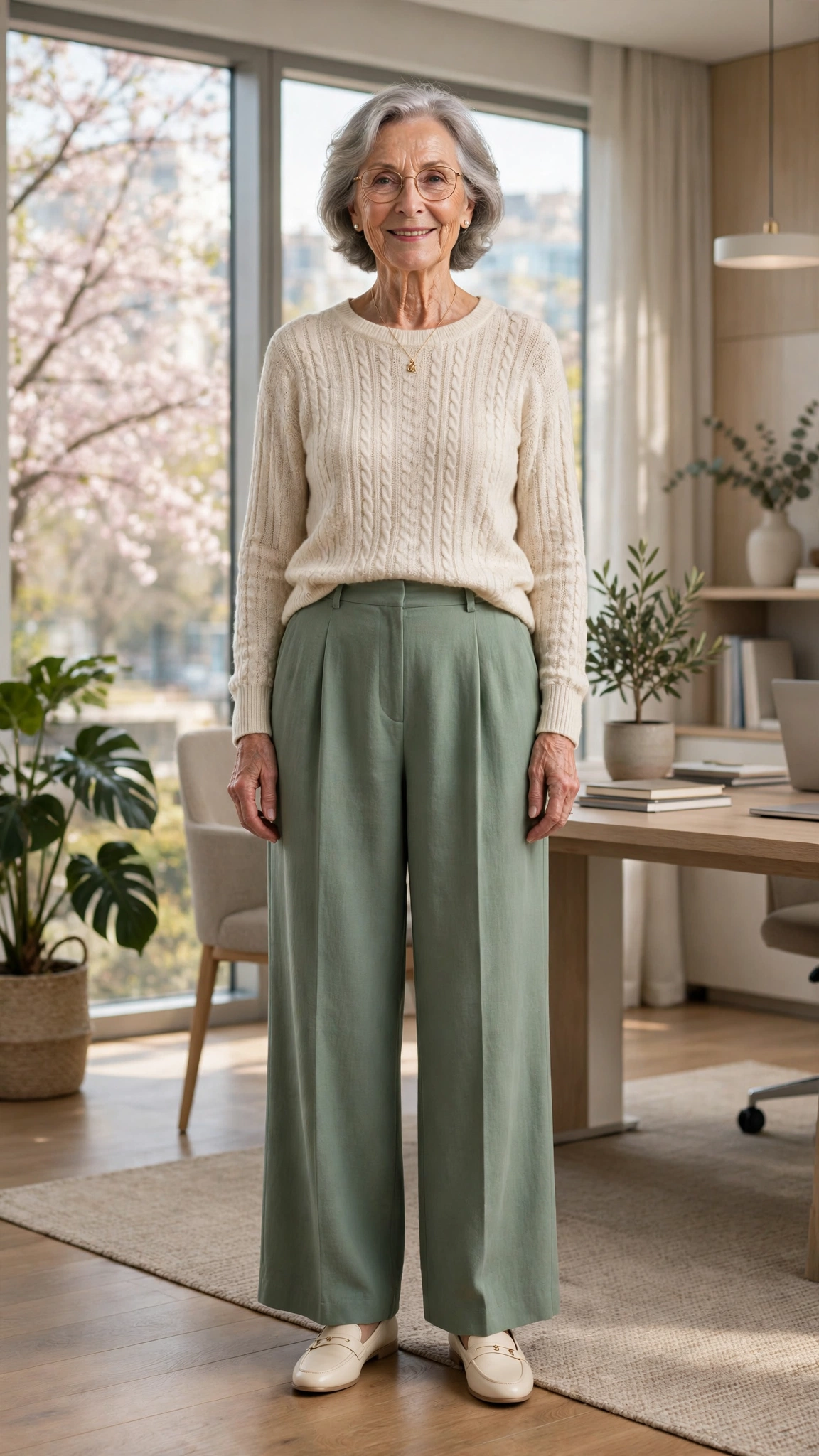 Sage green wide-leg trousers with a cream knit top