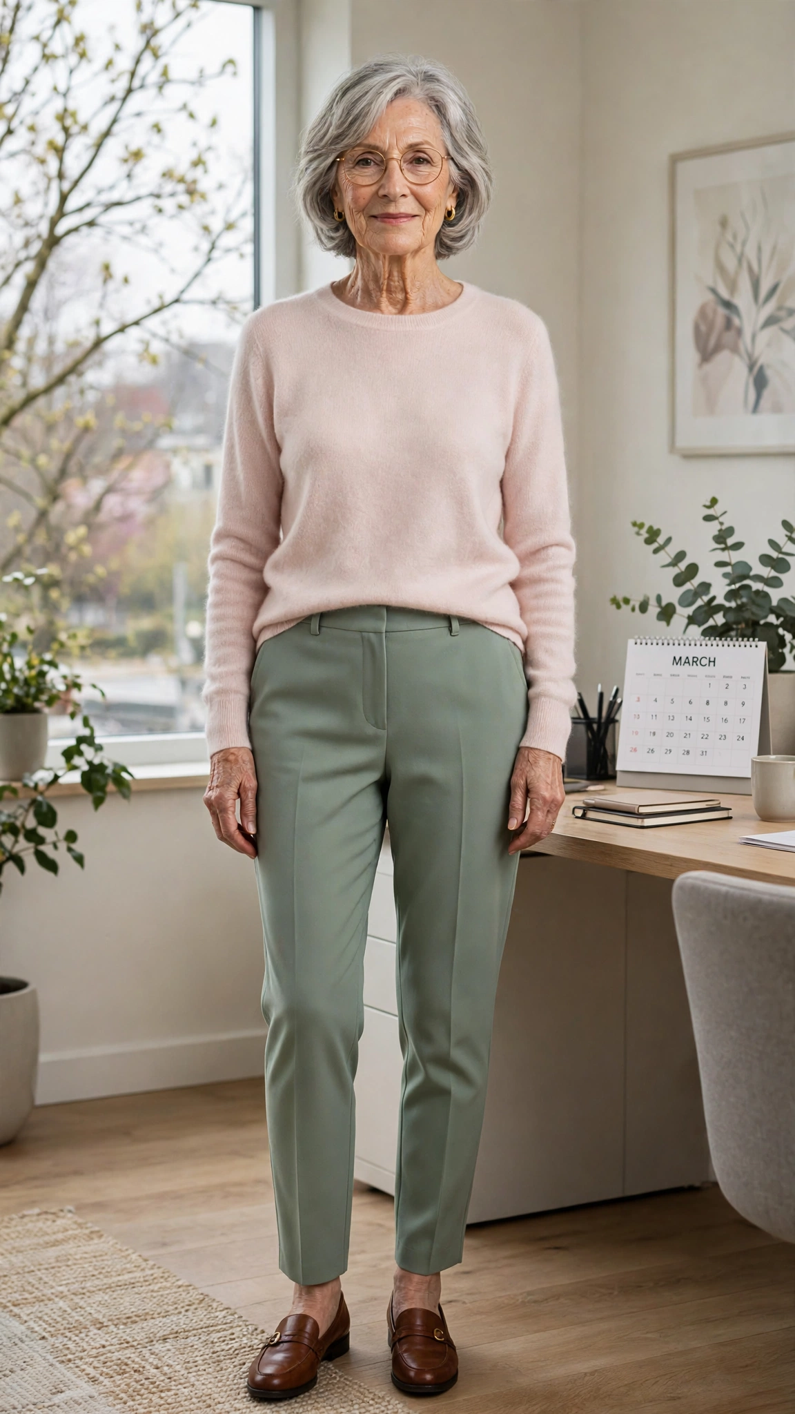 Sage green tapered trousers with a pale pink cashmere sweater