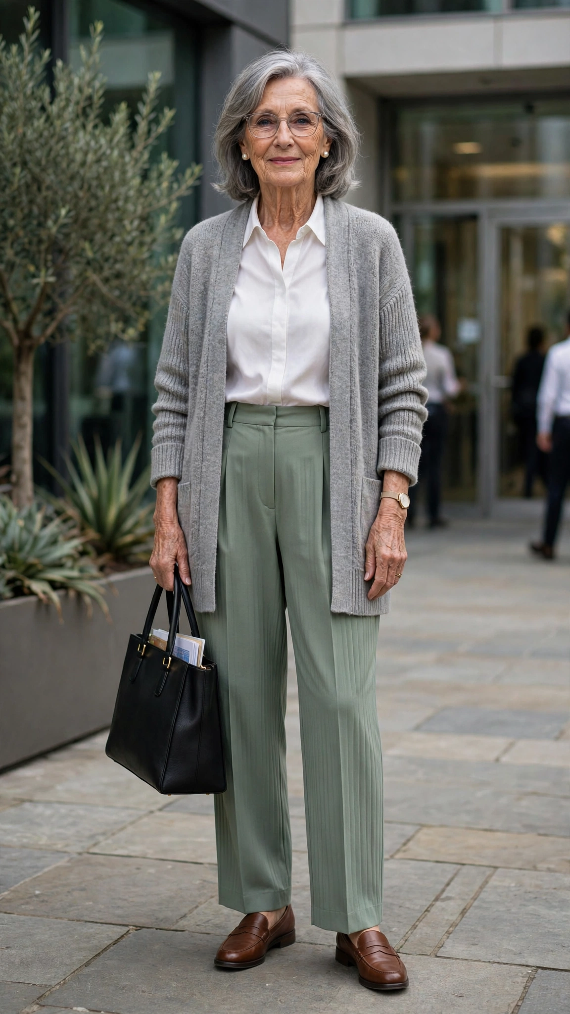 Sage green pleated trousers with a soft grey cardigan