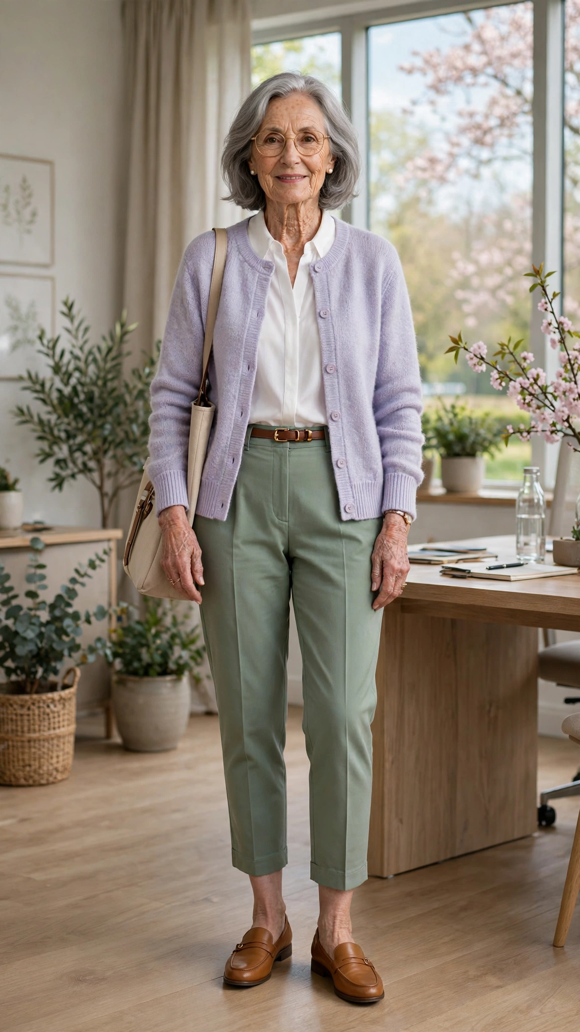 Sage green cropped trousers with a pastel cardigan