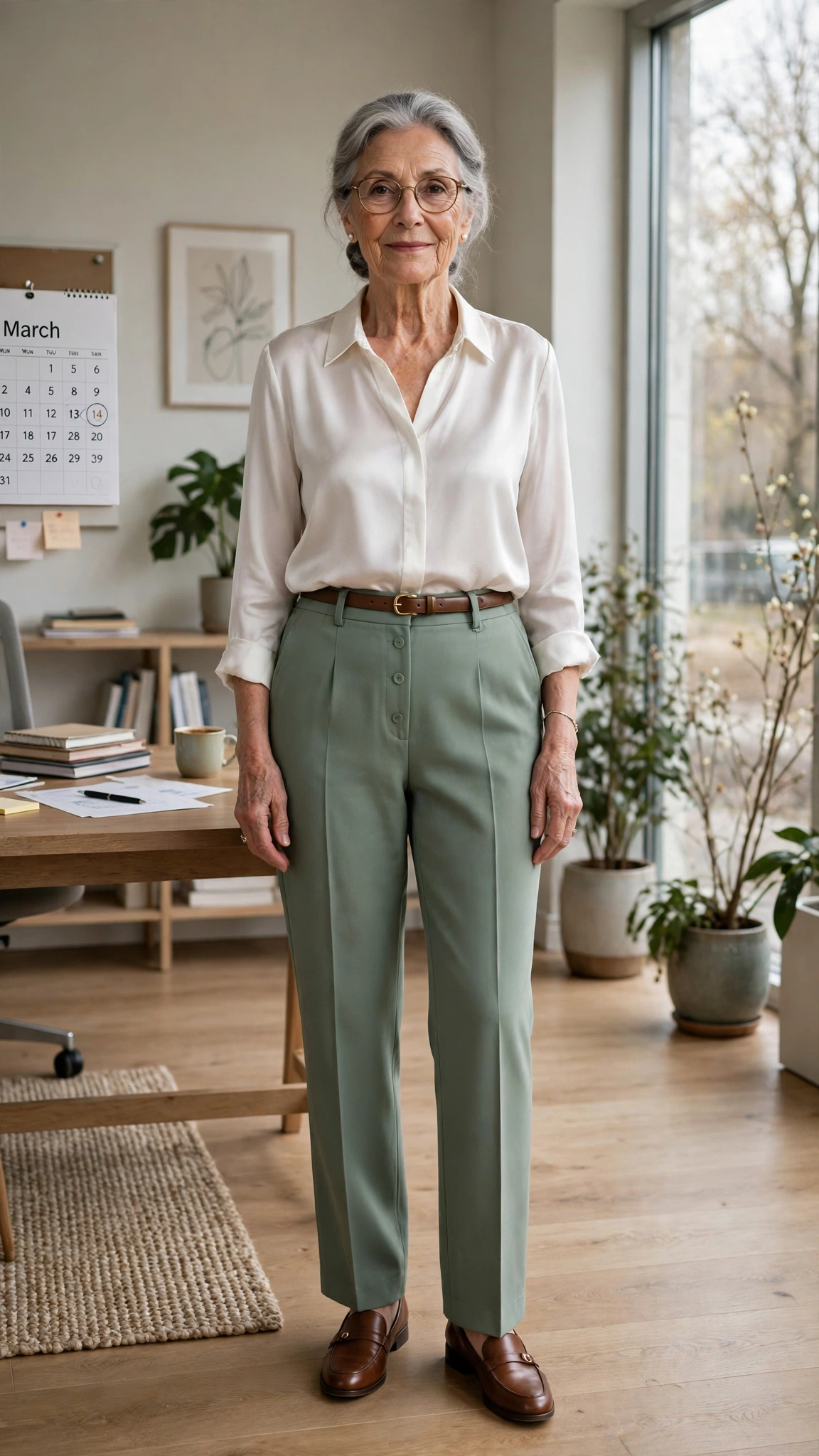 Sage green high-waisted trousers with a white silk blouse