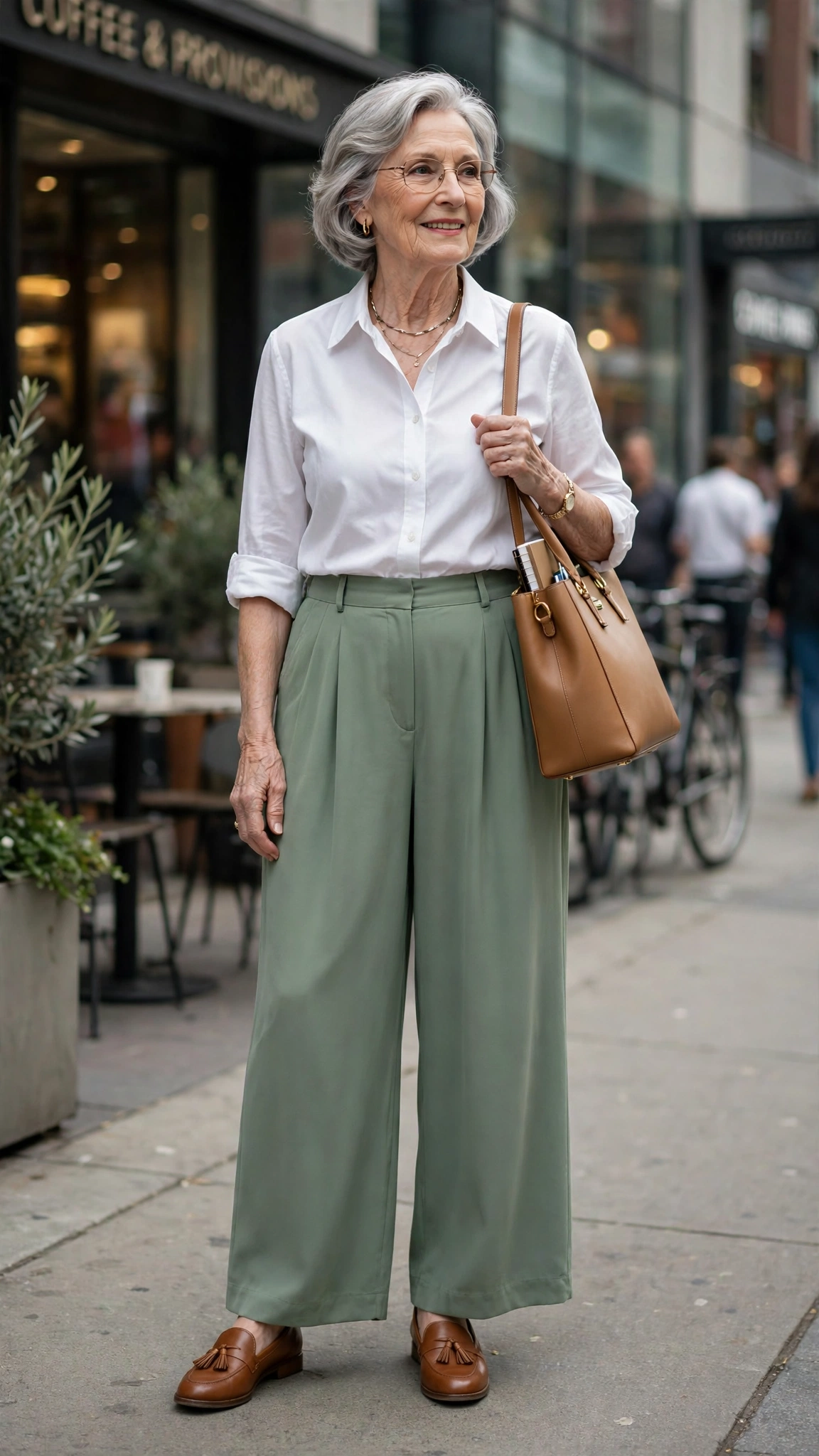 Sage green palazzo trousers with a white shirt