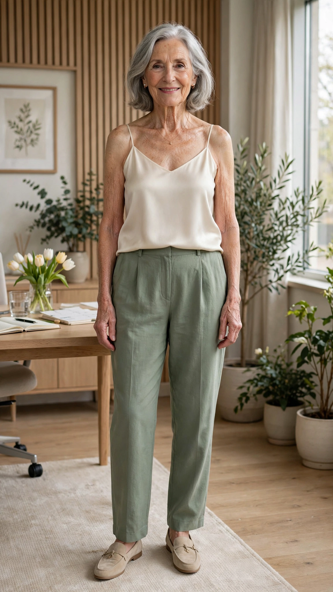 Sage green relaxed trousers with a cream silk camisole