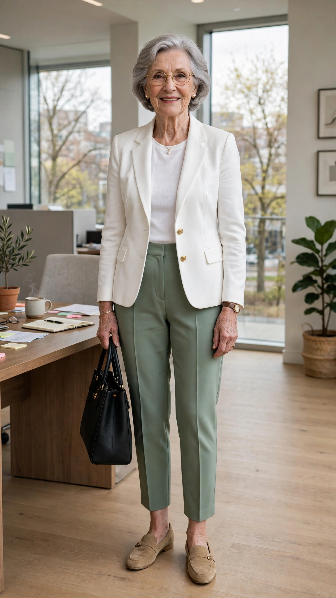 Sage green ankle-length trousers with a white fitted jacket