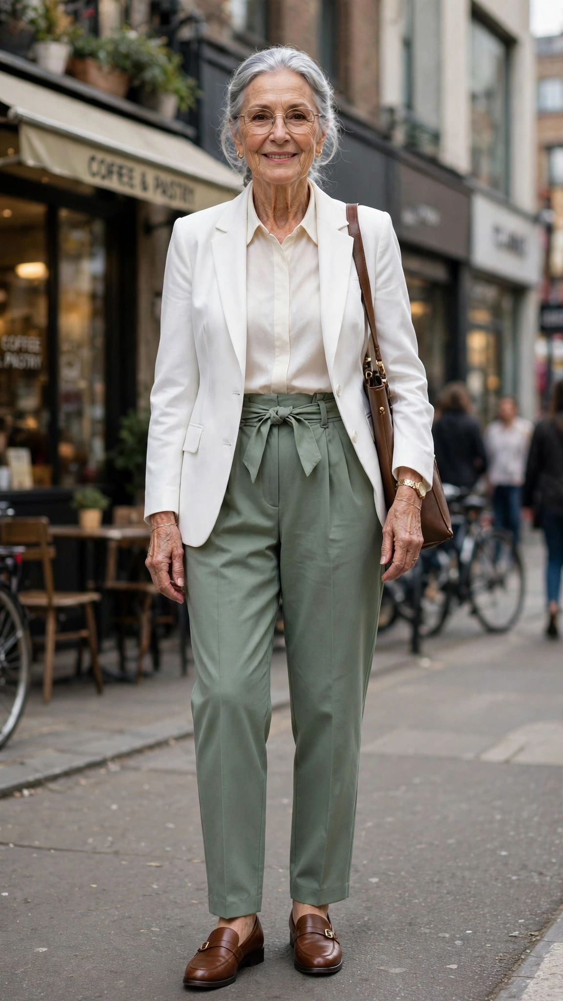 Sage green paperbag-waist trousers with a structured white blazer
