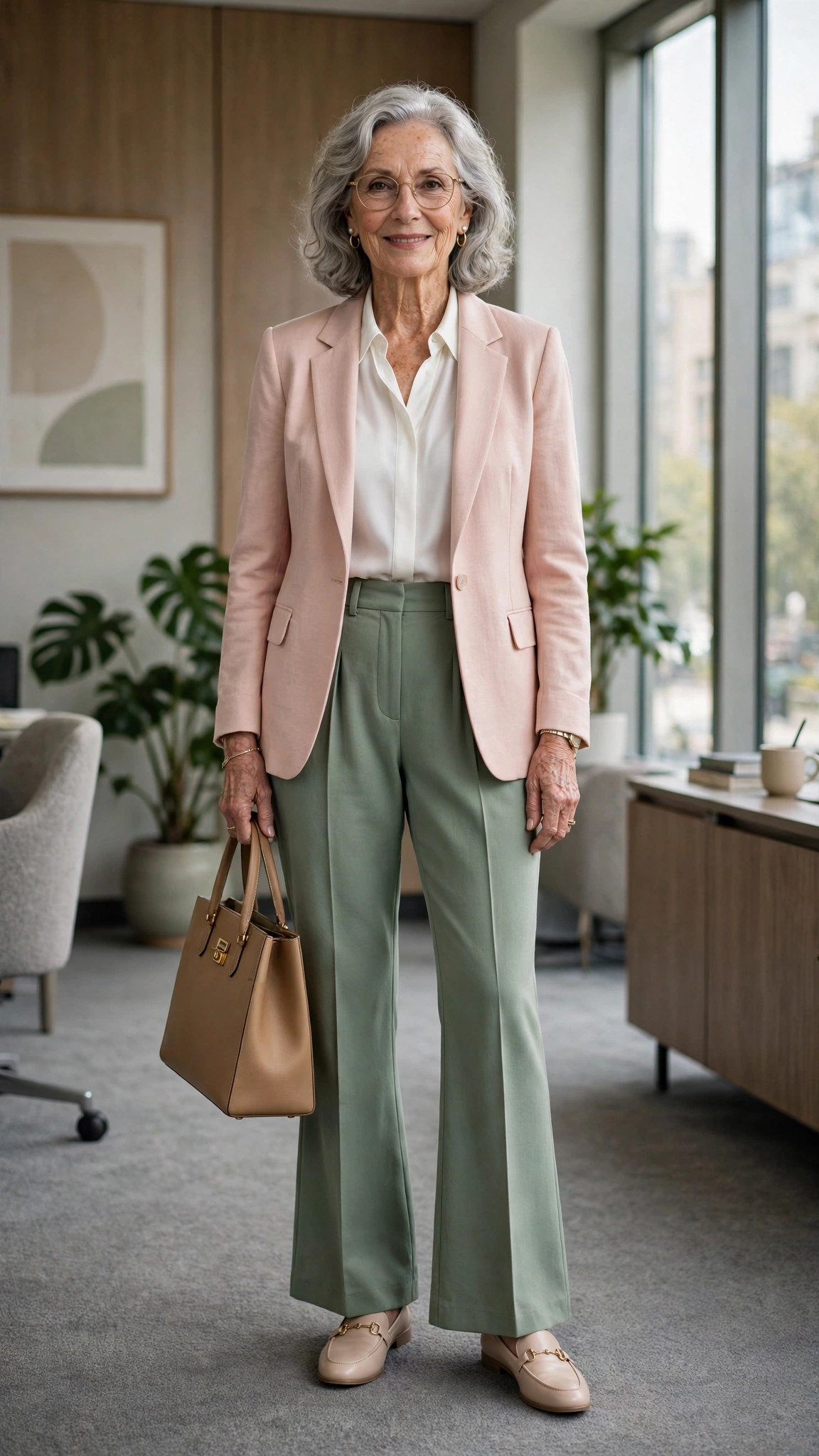 Sage green flared trousers with a blush blazer