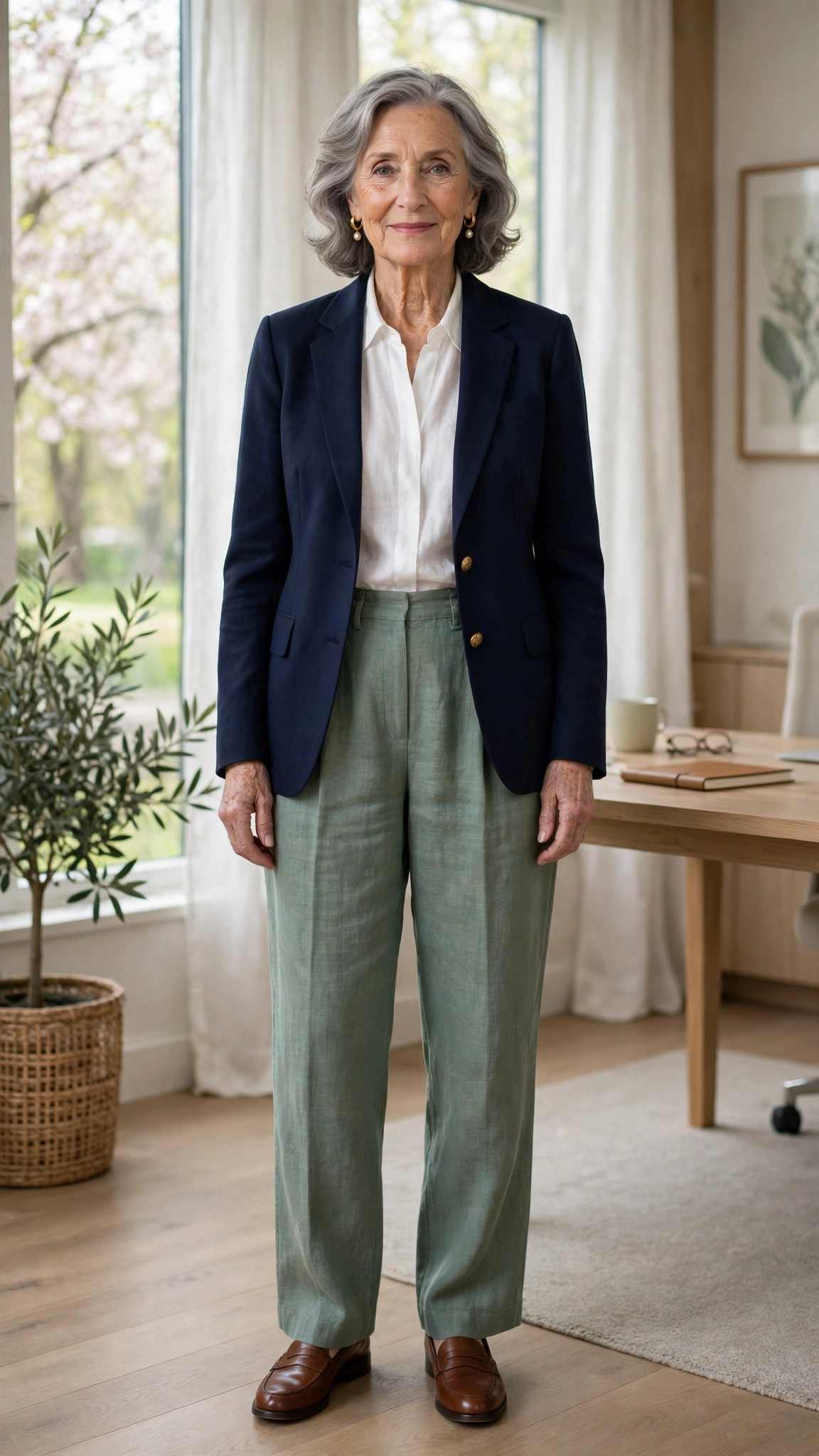 Sage green linen-blend trousers with a navy blazer