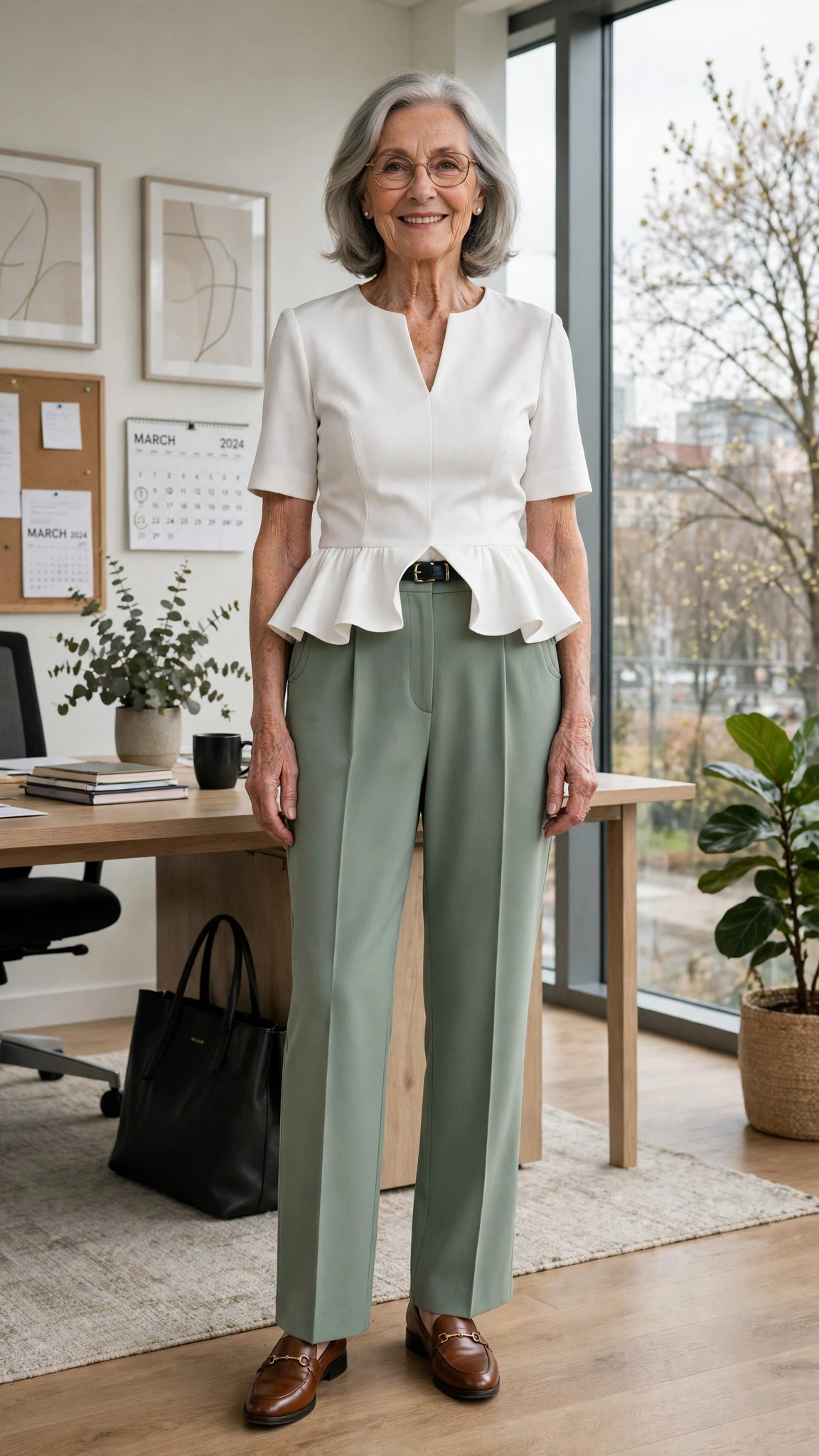 Sage green crepe trousers with a white peplum top