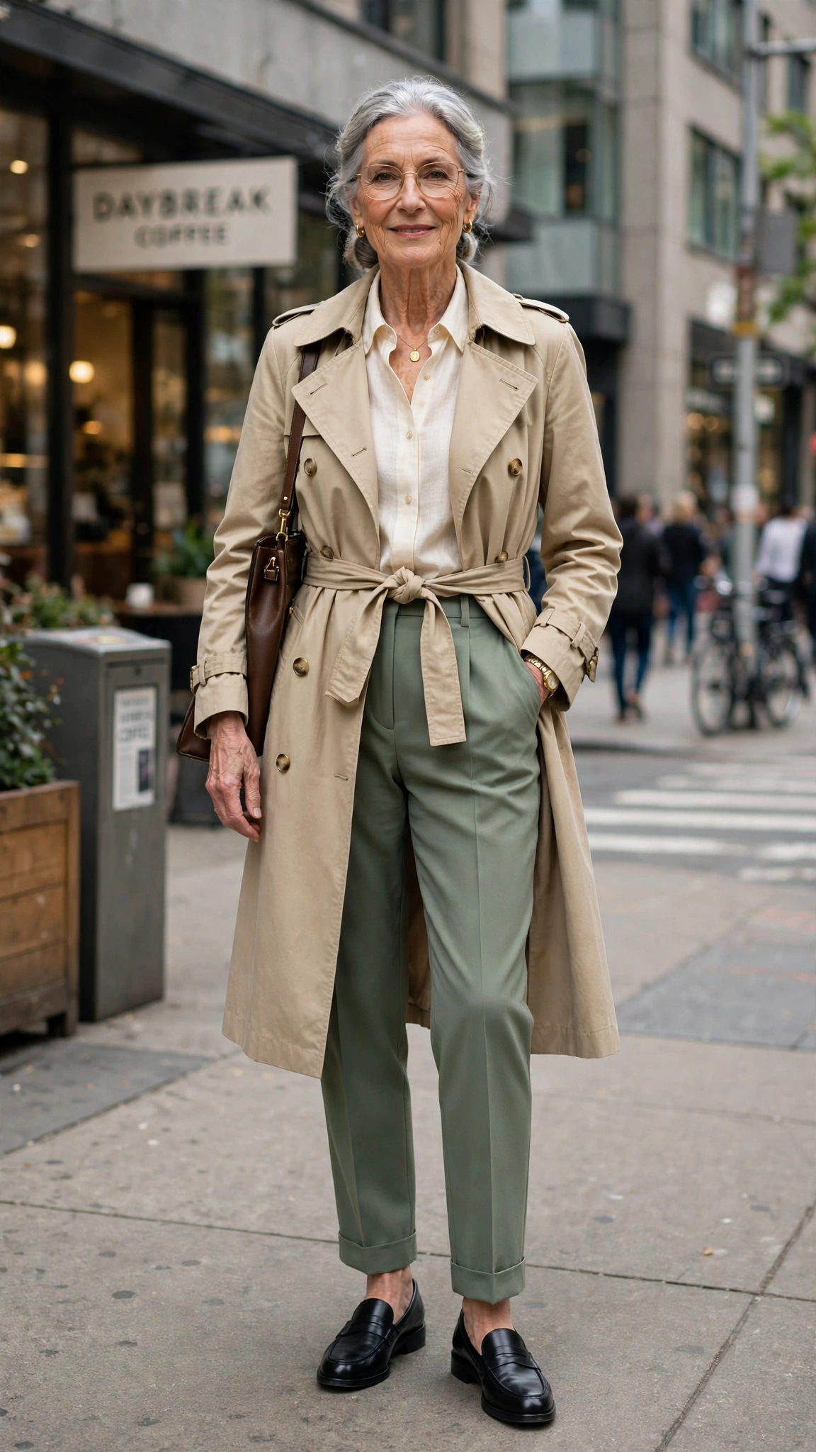 Sage green tailored trousers with a beige trench coat