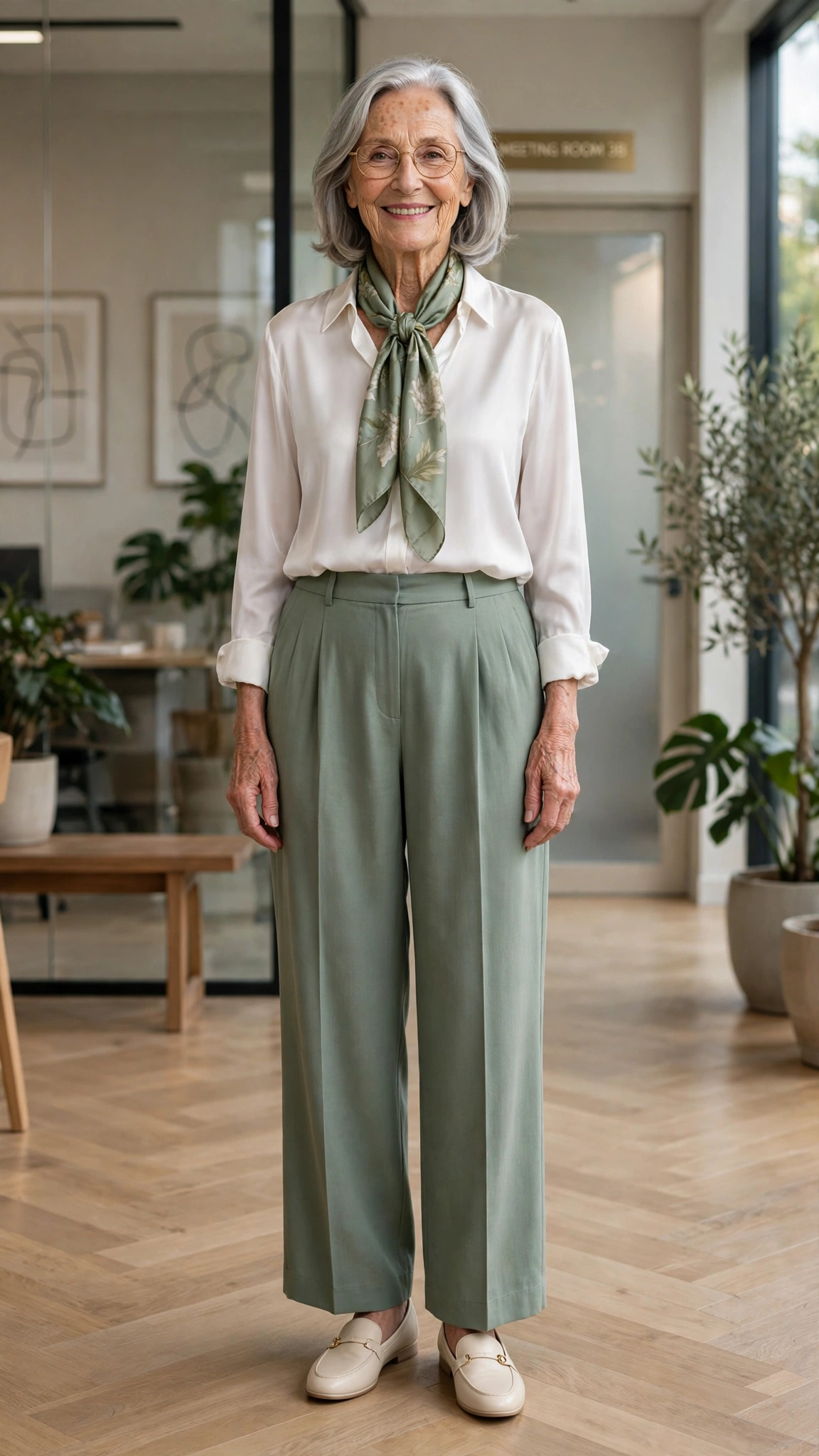 Sage green wide-leg trousers with a silk scarf and white blouse