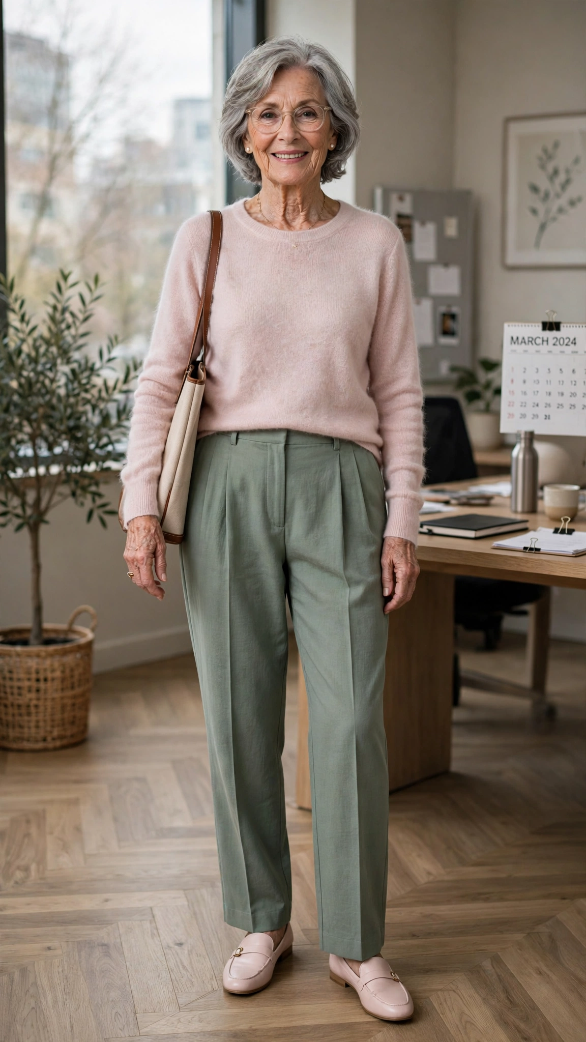 Sage green pleated trousers with a pale pink cashmere sweater