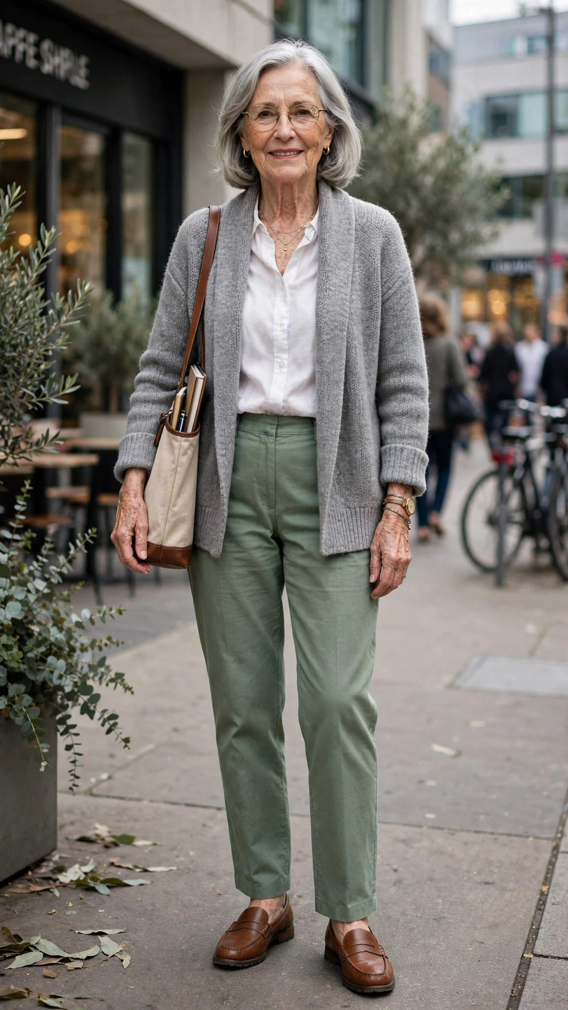 Sage green straight-leg trousers with a soft grey cardigan
