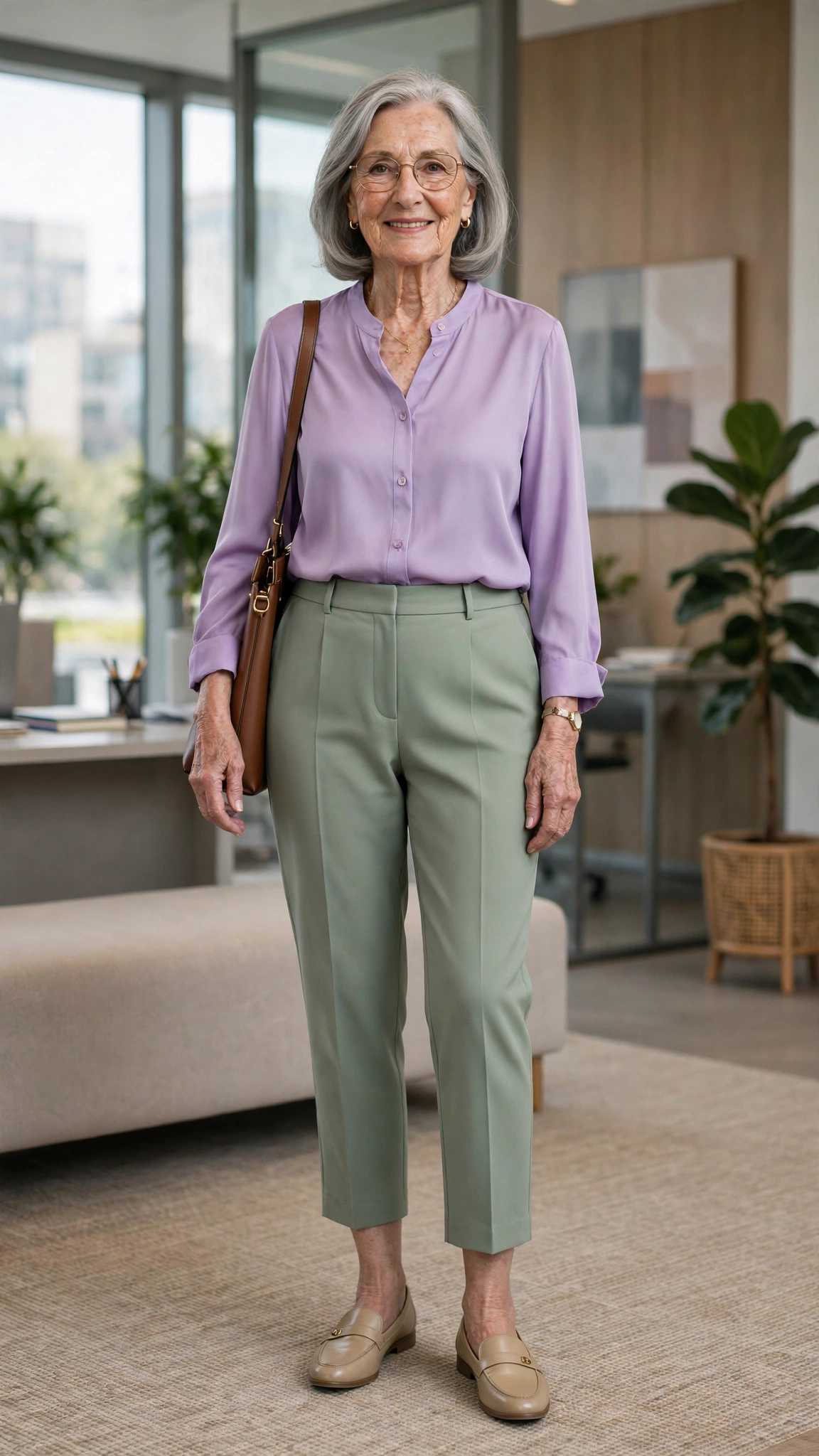 Sage green cropped trousers with a lilac blouse