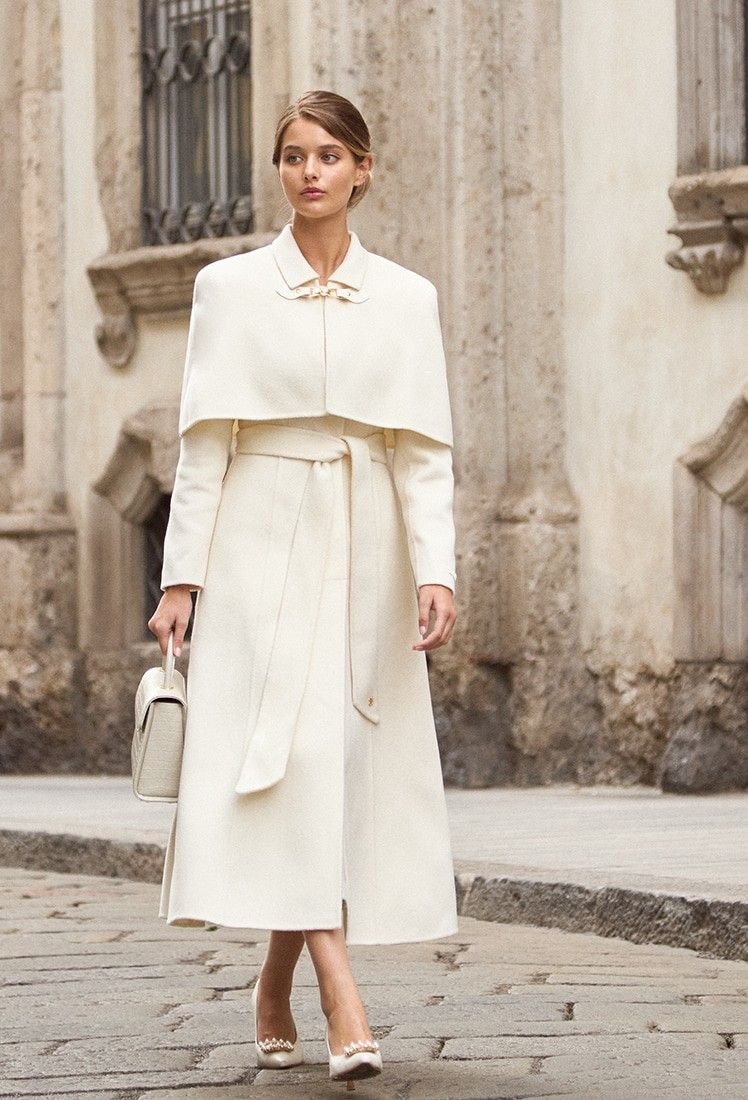 Ivory Wool Wrap Coat Over a Satin Midi Dress