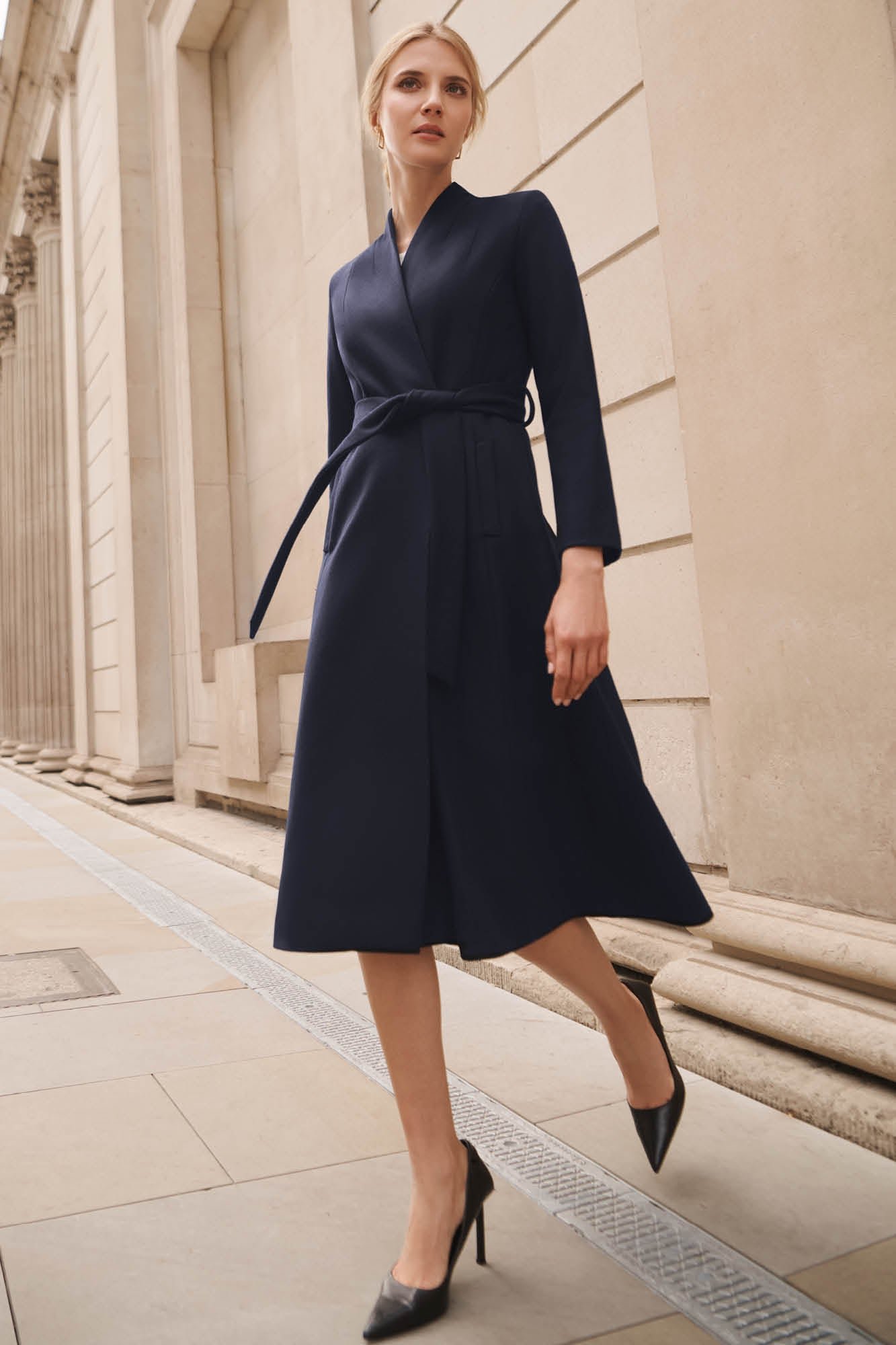 Navy Wool Wrap Coat Over a Chiffon Midi Dress