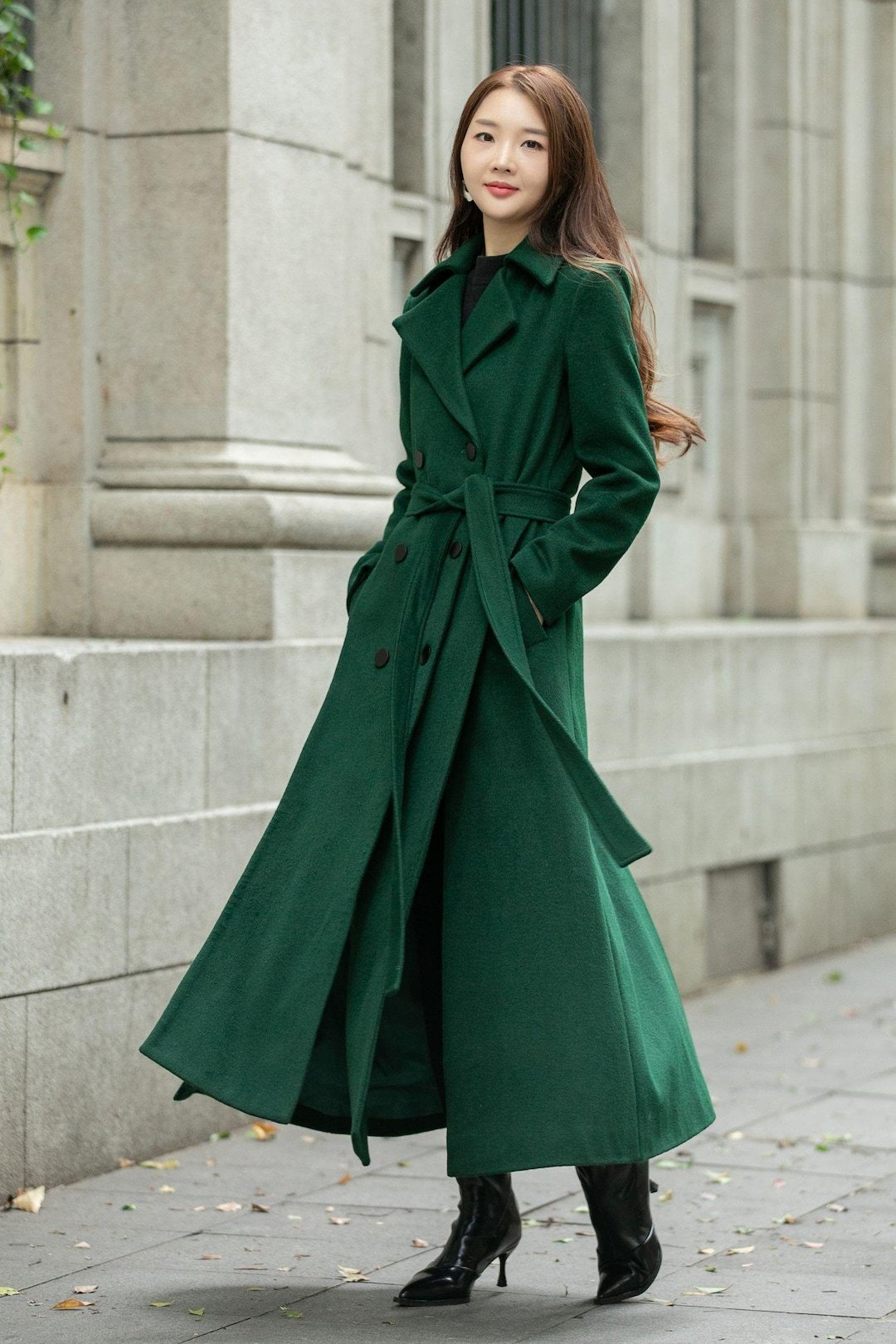 Emerald green Wool Wrap Coat Over a Satin Slip Dress