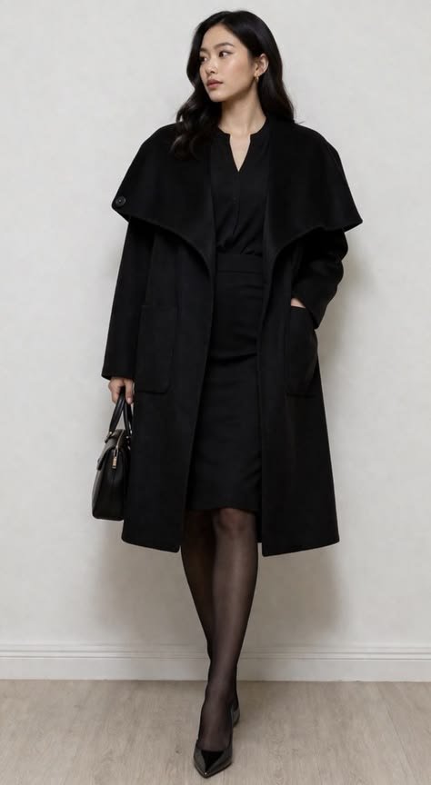 Black Wool Wrap Coat Over a Sequin Midi Dress