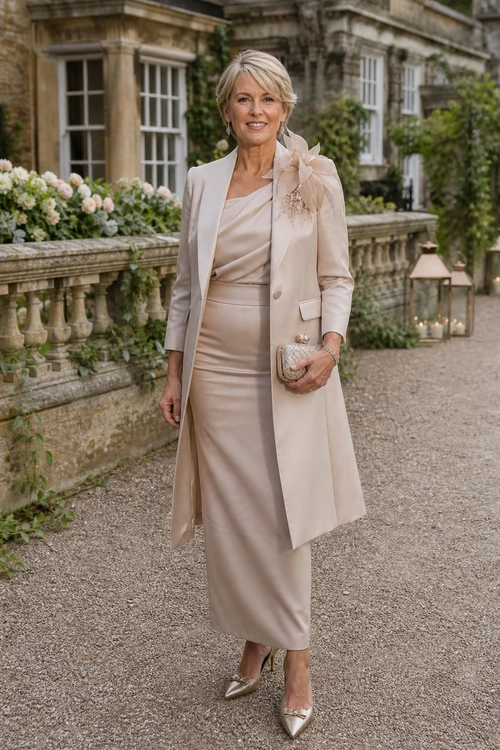Champagne Wool Wrap Coat Over a Pleated Midi Dress