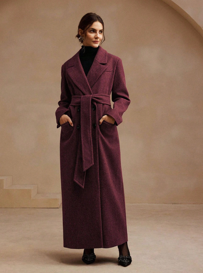 Plum Wool Wrap Coat Over a Velvet Midi Dress