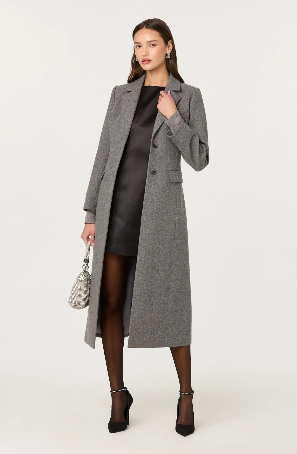 Charcoal grey Wool Wrap Coat Over a Satin Midi Dress
