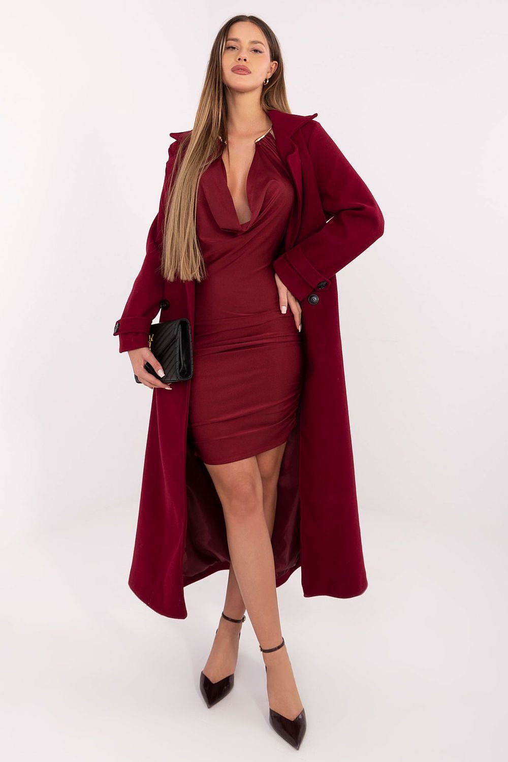 Deep red Wool Wrap Coat Over a Lace Midi Dress