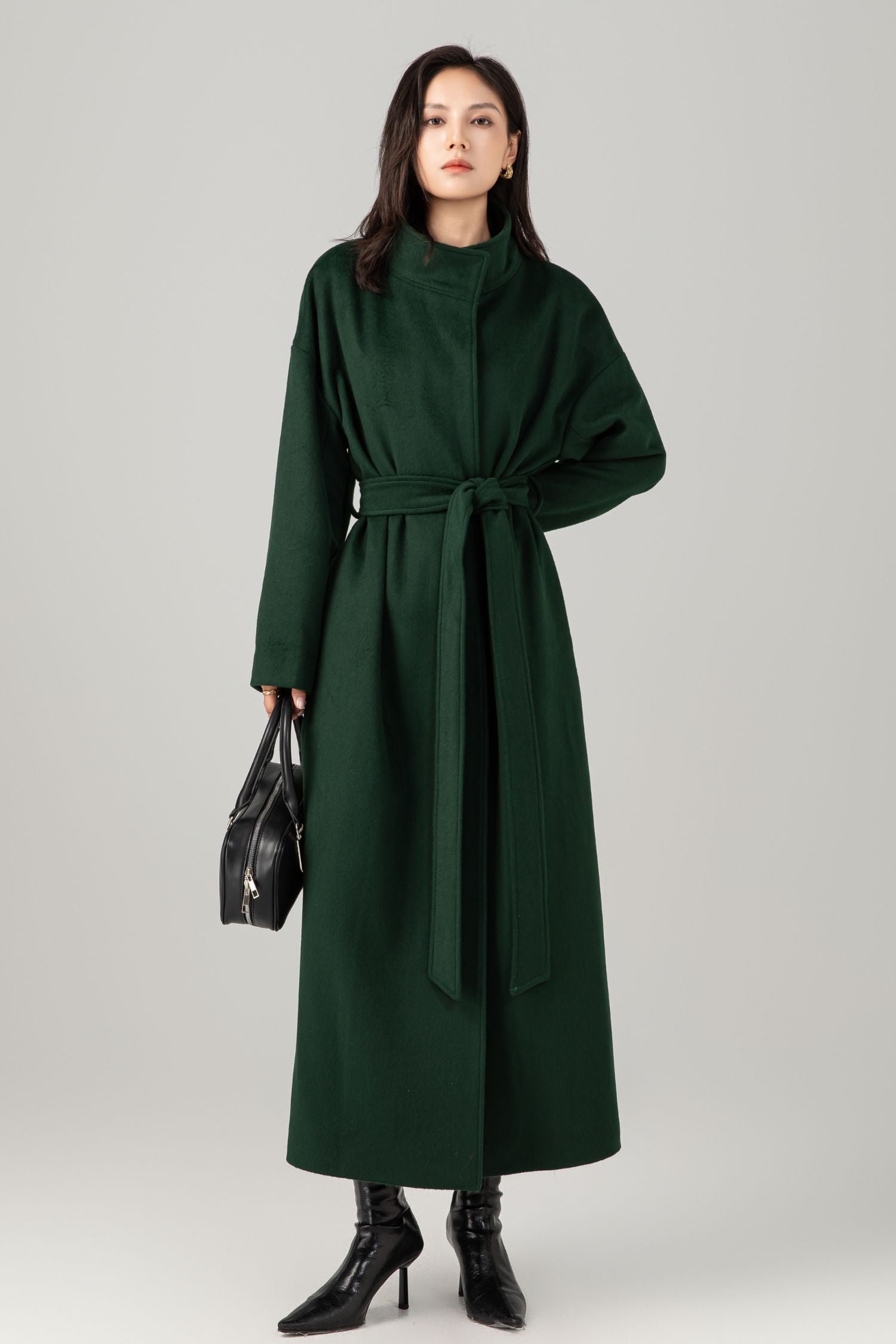 Forest green Wool Wrap Coat Over a Velvet Midi Dress