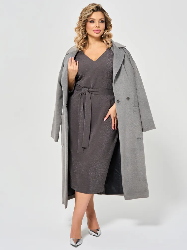 Silver grey Wool Wrap Coat Over a Sequin Midi Dress