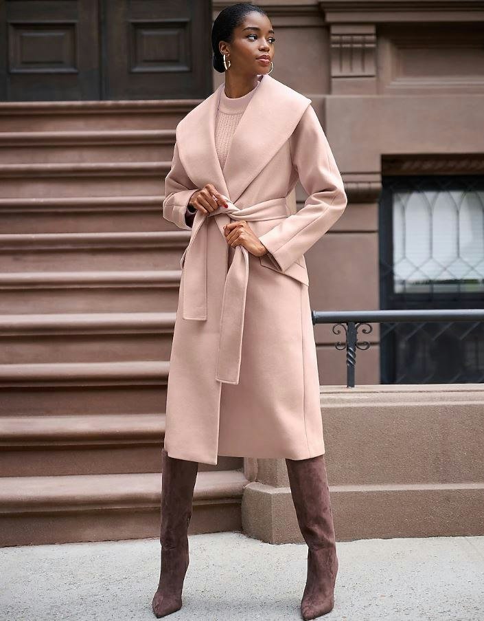 Mauve Wool Wrap Coat Over a Chiffon Midi Dress