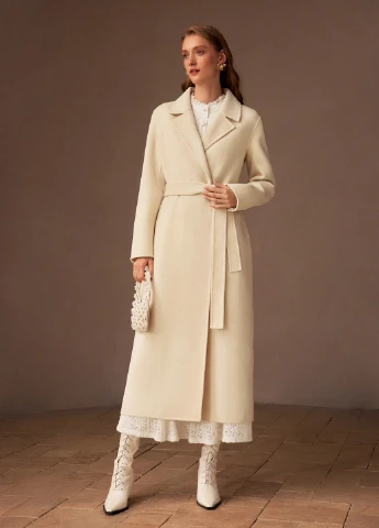 Cream Wool Wrap Coat Over a Lace Midi Dress