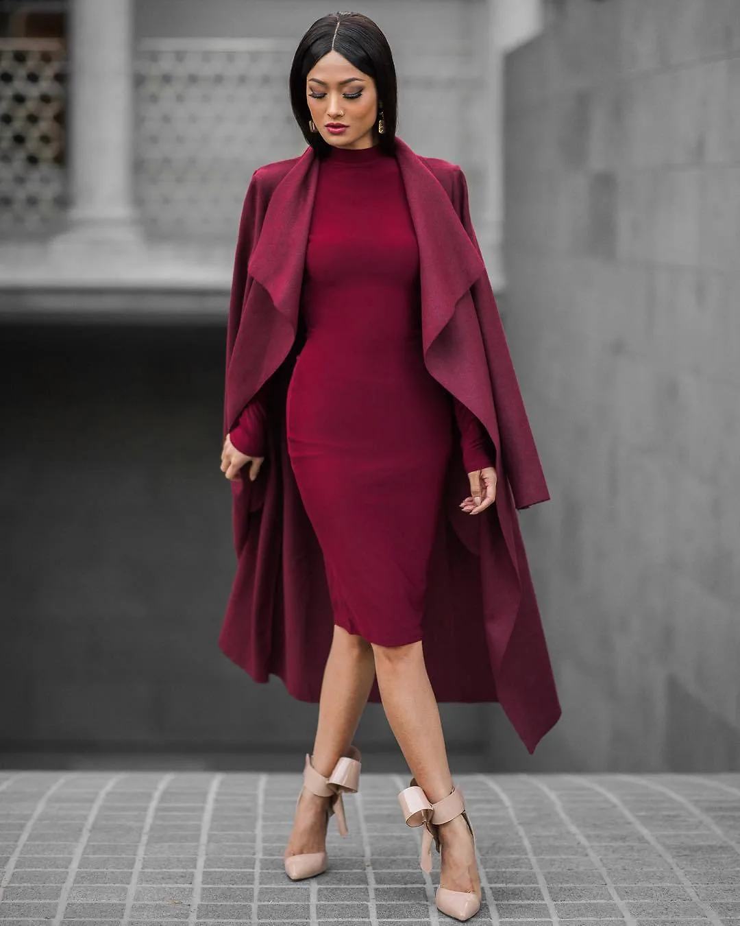 Wine Wool Wrap Coat Over a Satin Midi Dress
