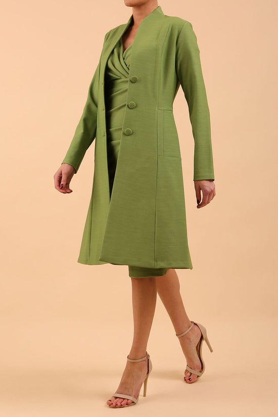 Sage green Wool Wrap Coat Over a Pleated Midi Dress