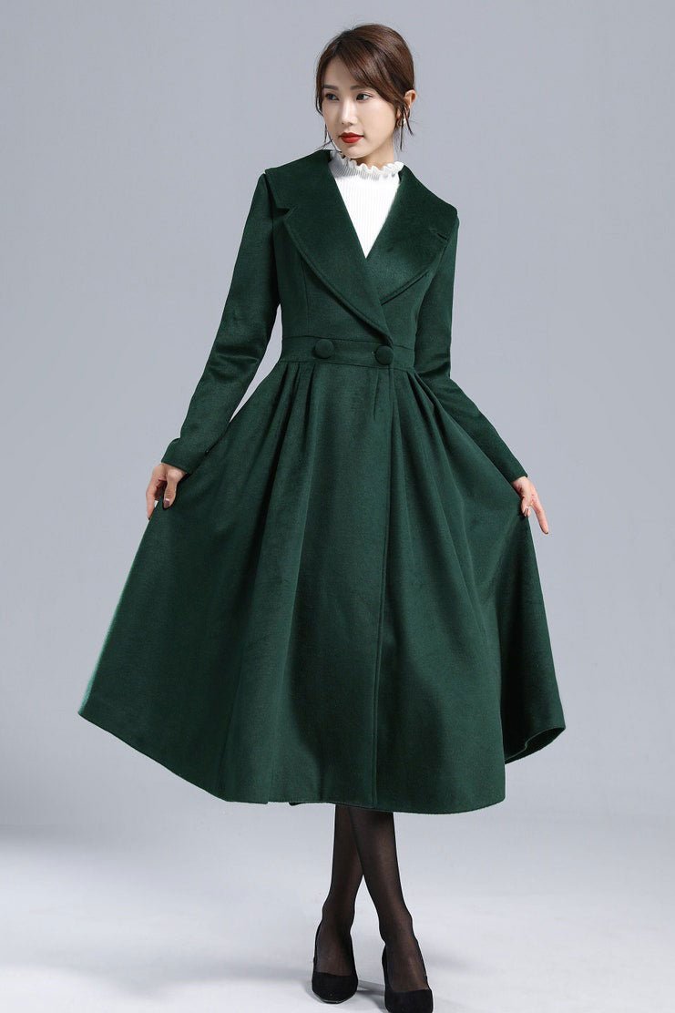 Dark green Wool Wrap Coat Over a Lace Midi Dress