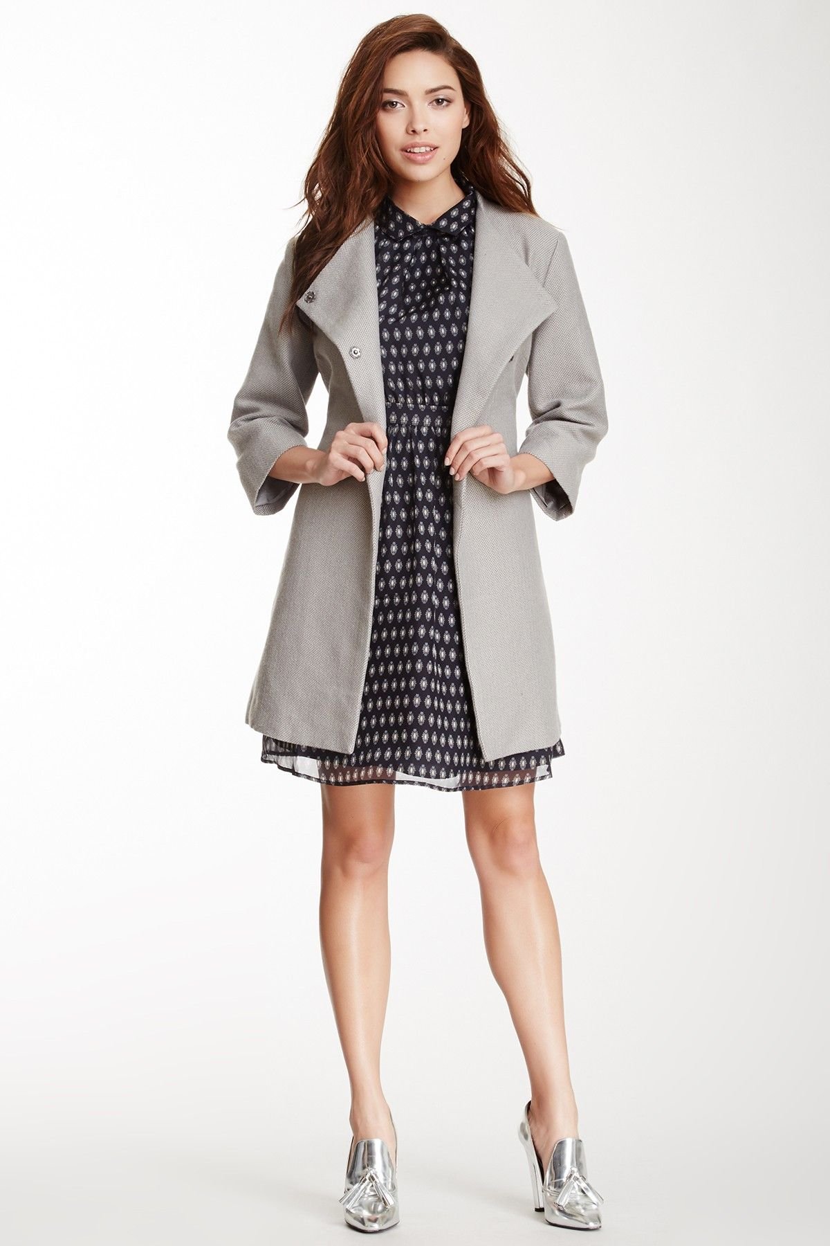 Light grey Wool Wrap Coat Over a Chiffon Midi Dress